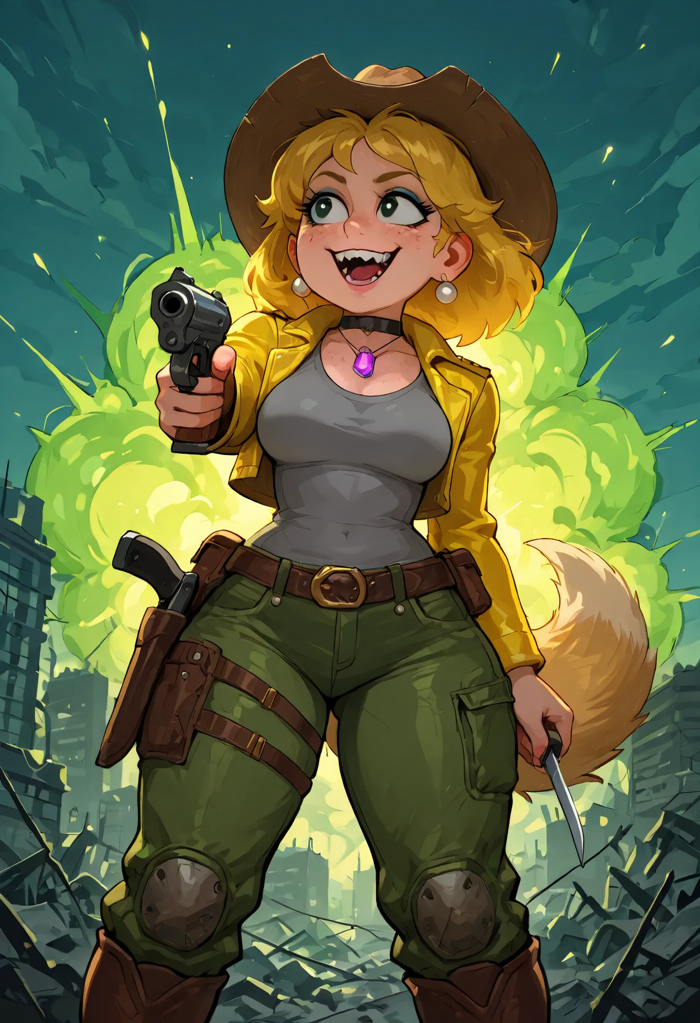 Lori Loud. medium breasts, huge hips, blonde hair, black eyes, blue eyeshadow, pearl earrings, white earrings. choker.| masterpiece, best quality, 1girl, solo, mix of science fiction and cowboy western, cowboy hat, dieselpunk, atompunk, fallout \(series\),...