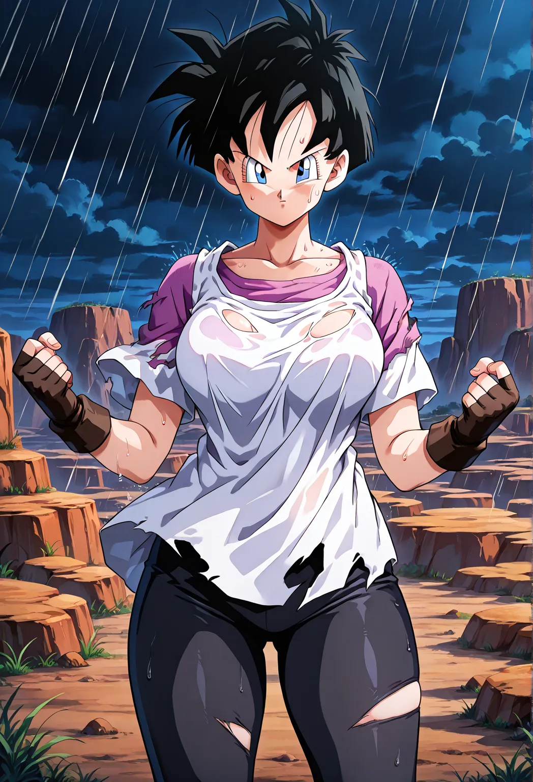Videl, official style, Night, , Cloudy, Heavy Rain, Strong Wind, Thunderstorm, 1 girl, Alone, looking at viewer, black hair, Short hair, white shirt, Short sleeve, blue eyes, Black fingerless gloves (thick thighs) ((sweat)) Large Breasts (F60), 1990s (style), narrow waist, Standing in a canyon, Trained, hits the air, Combat-ready pose, serious look, Short legless tight black pants, Clothes torn,