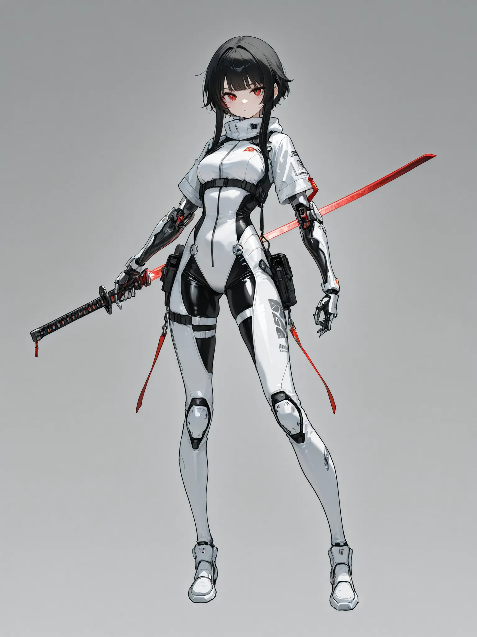 A beautiful girl with short black hair with long locks and bangs, wearing a black and white techwear costume with a few red details, white metallic cybernetic arms, attractive and calm appearance, wielding a futuristic neon red katana , red eyes . Concept ...