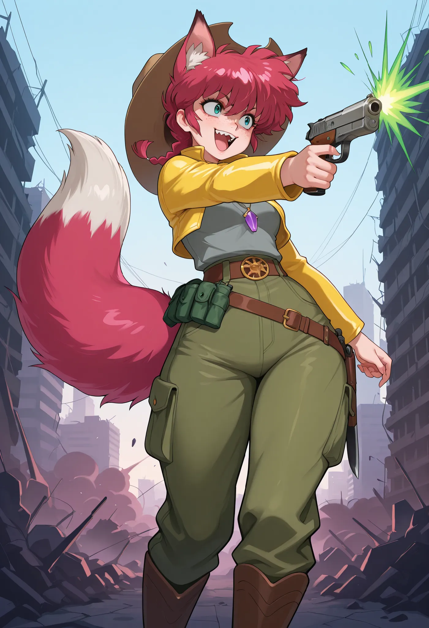 safe_pos, Ranma Saotome. red hair. pigtail. blue eyes. braid. small breasts. huge hips. necklace. black eyeliner. pink manicure. | masterpiece, best quality, 1girl, solo, mix of science fiction and cowboy western, cowboy hat, dieselpunk, atompunk, fallout ...