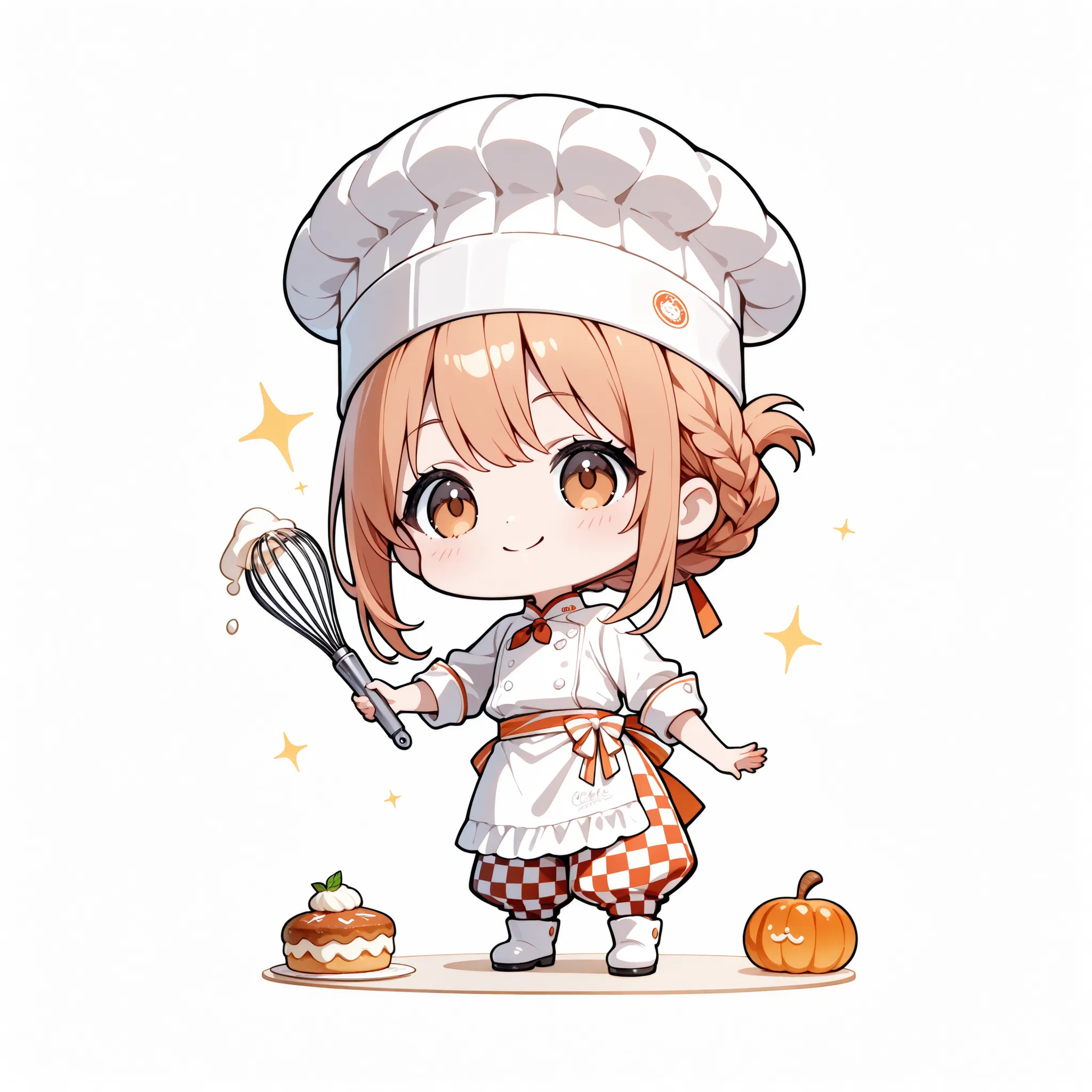 chibi style, one girl, full body in frame, flat bust, white background, female pastry chef baking, braid peeking from under a chef's hat, white chef coat and apron, checkered pants, chef shoes, holding a whisk, happy smile while working, slightly high angl...