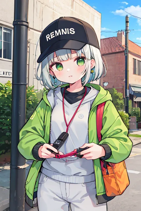 1girl, solo, outdoors, green eyes, silver hair, jacket, jewelry, mailbox, looking at audience, orange pants, construction, earrings, power cord, long sleeves, green jacket,Silver Haired Short Bob,8k,masterpiece,best quality,baseball cap,HD,DETAILED, 