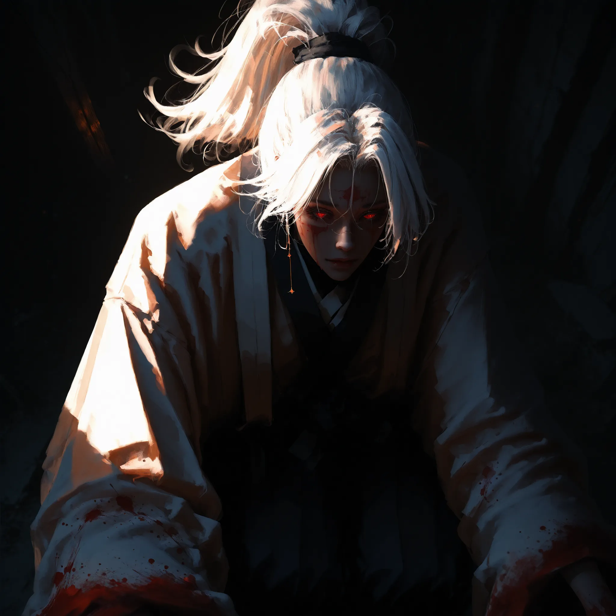 artist: wlop, masterpiece, best quality, illustration, a beautiful woman, white hair, ponytail, red irises with white engravings, detailed face, japanese clothes, female wearing japanese dojo style clothes with high waist bottoms, tall-looking, fantasy, pe...