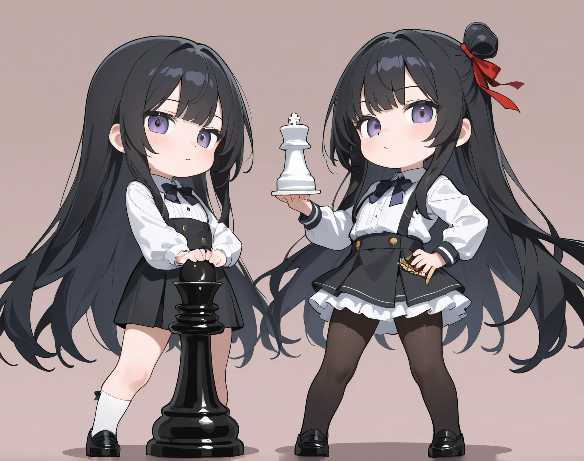 Clothes designed with chess motifs、long black hair、simple background you're looking at