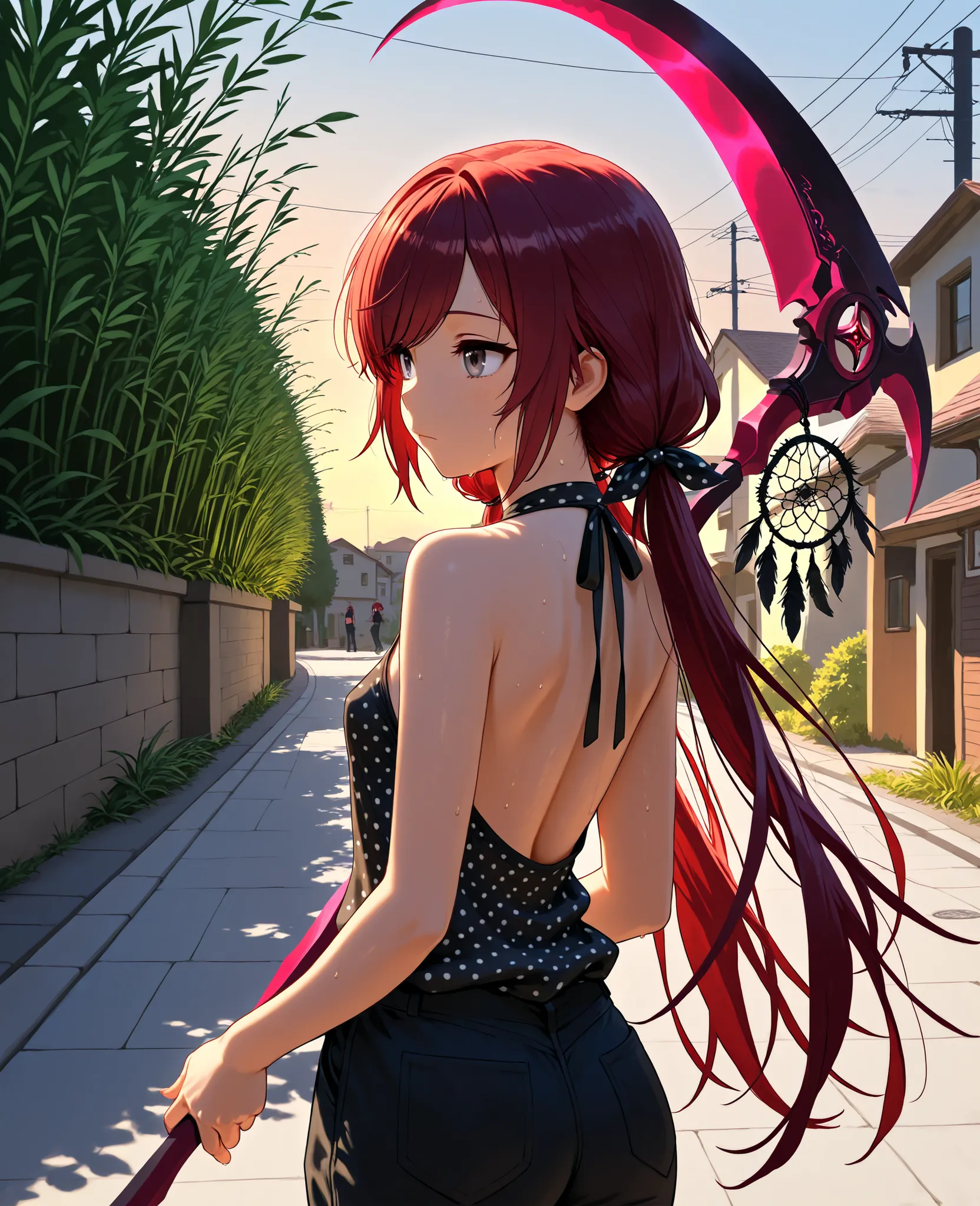 (masterpiece:1.2, Best Quality), (finely detailed beautiful eye: 1.2), (beautiful detailed face), from behind, back shot, sweat, close up, expressionless, backless sleeveless halter neck shirt, black shirt, polka dot shirt, baggy shirt, black jeans, hair r...