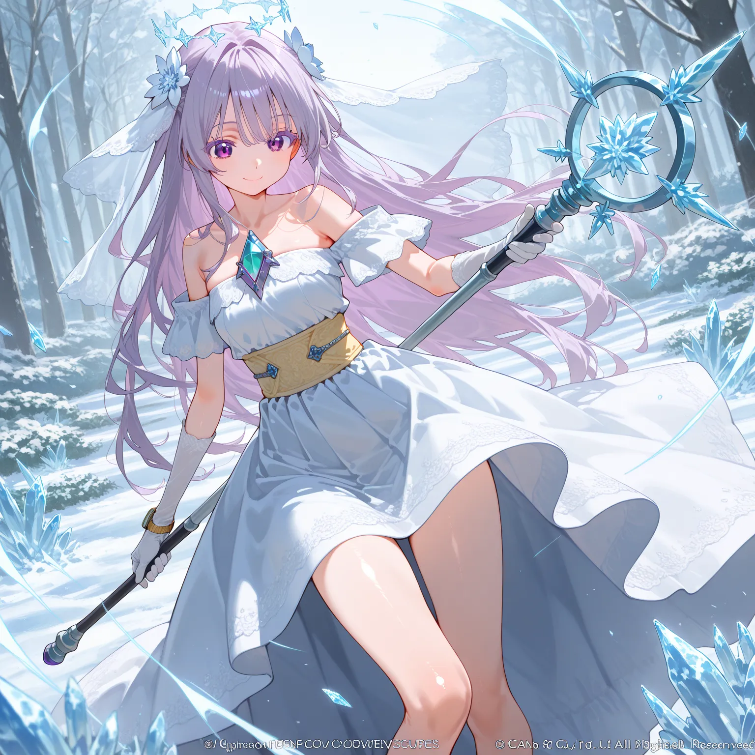 score_9, score_8_up, score_7_up
 1人の女の子, solo, light purple hair, twin-tail, I can see colored lashes , PURPLE EYES ONLY 2, chest jewel,  OFF-SHOULDER DRESS, yellow sash, side cape  , Bride Gloves , pelvic diaphragm  , 白いthighsハイソックス, watch viewers, smile, closed mouth,   Cryokinesis  , magicの杖,   Holds a staff  ,  Extension arm,  feet away ,　chest,　大きなchest,　thighs,　shiny skin,　
Cutting through the wind ,   Wind Lift  , ice, ice crystal, ice shard, ice flower, aura, magic, garden,　nature,　noon,　
