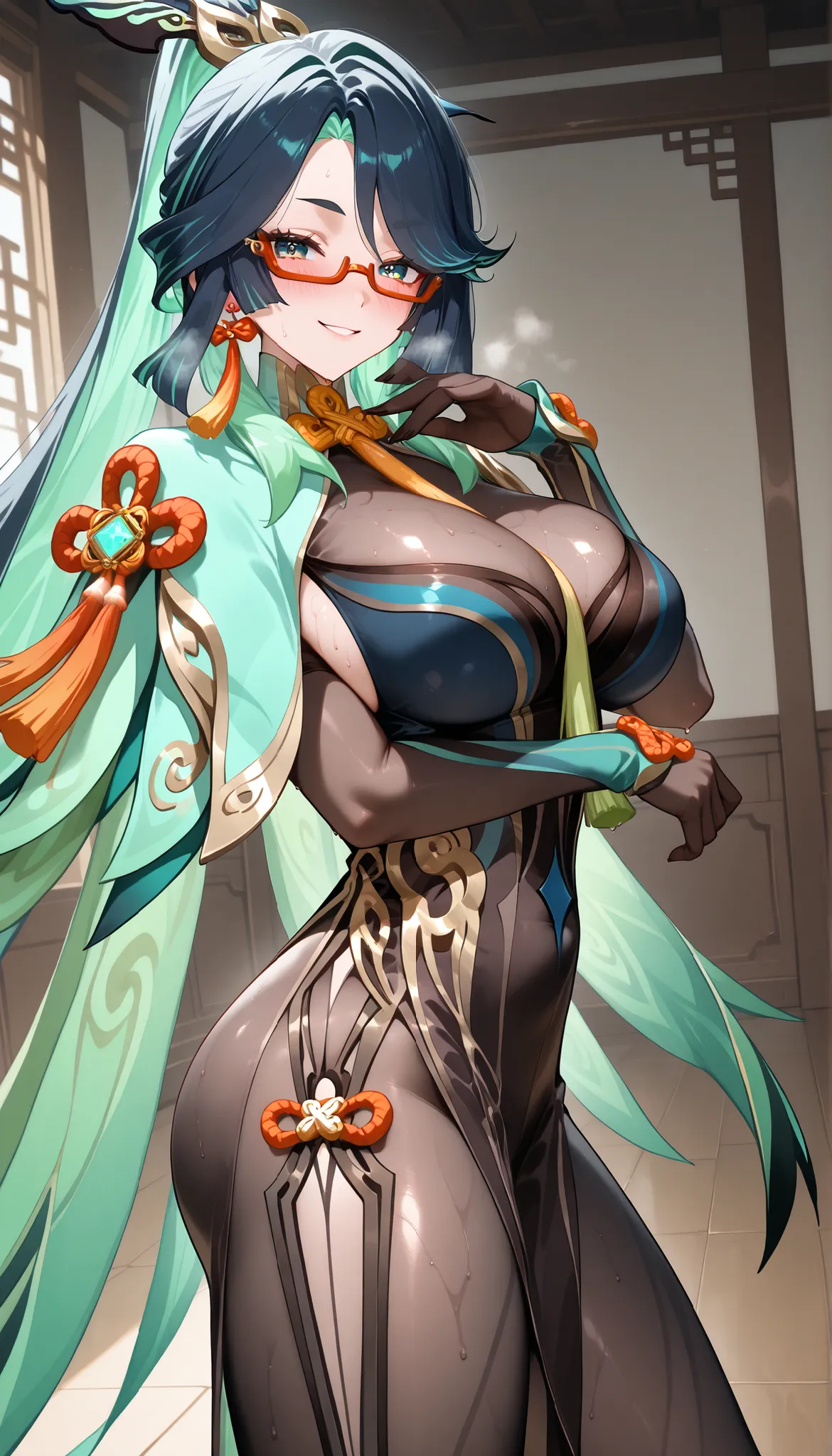 score_9,score_8_up,score_7_up,1girl, solo, large_breasts, vision_\(genshin_impact\), earrings, absurdres, highres,Green_cape, Black_Tights, Black_hem, Xianyun_\(genshin_impact\), looking_at_viewer,Spreading legs,Standing on the floor,(In Chinese Classic ro...