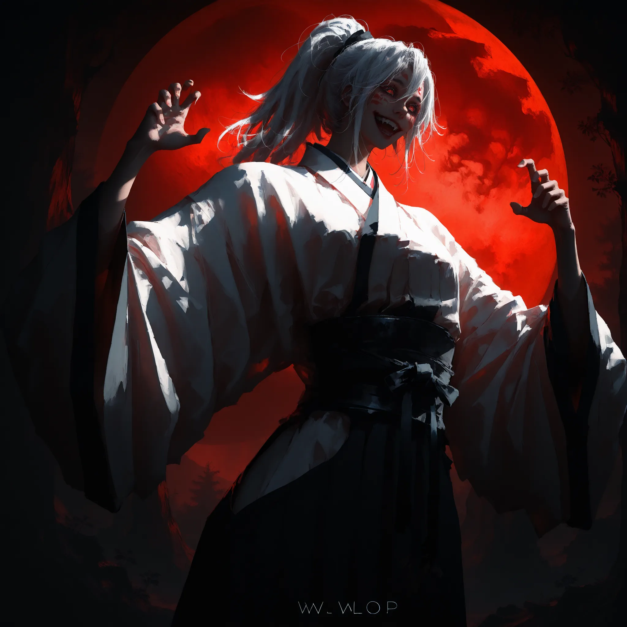 artist: wlop, masterpiece, best quality, illustration, a beautiful woman, white hair, ponytail, red irises with white engravings, detailed face, japanese clothes, female wearing japanese dojo style clothes with high waist bottoms, tall-looking, fantasy, pe...