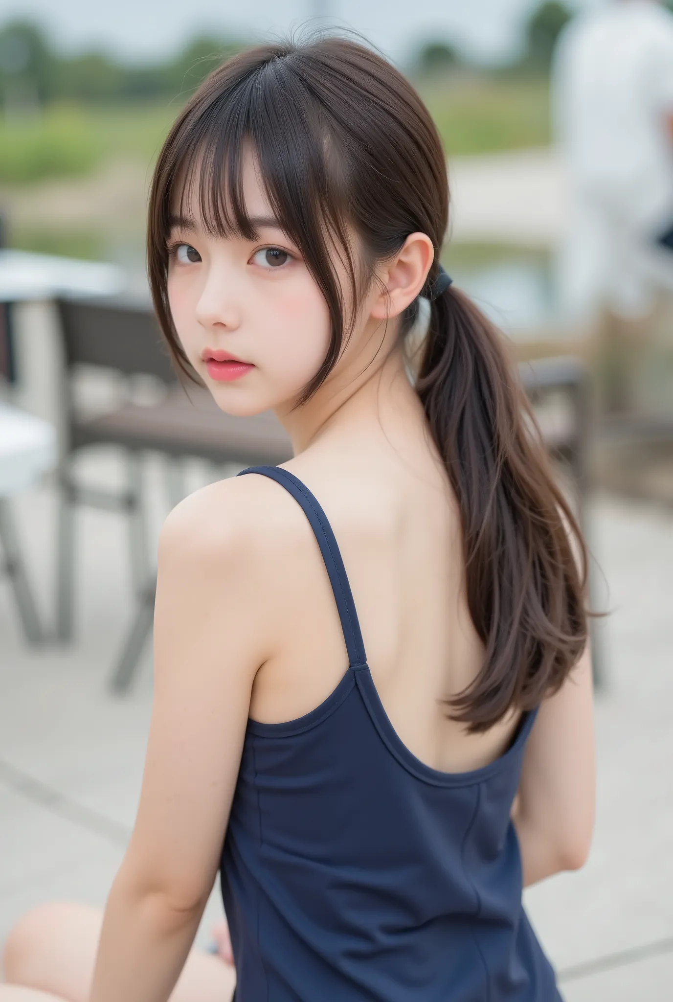 Cute Lolly,,hyperreal,high definition,Best Quality,8k,exquisite details,(),(Spaghetti Straps)watch viewers,written depth,full_body_shots,landscape, twins ,campgrounds,In summer,(navy blue school swimsuit), ((delicate、flat chested、very slender))、low ponytai...