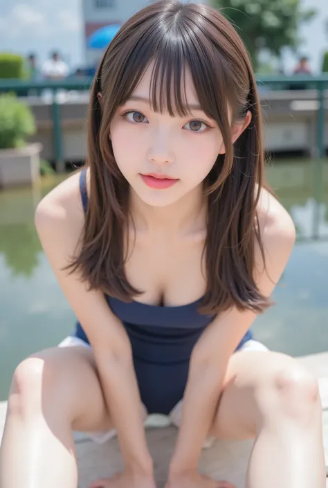 Cute Lolly,,hyperreal,high definition,Best Quality,8k,exquisite details,(),(Spaghetti Straps)watch viewers,written depth,full_body_shots,landscape, twins ,campgrounds,In summer,(navy blue school swimsuit), ((delicate、ガリガリのbody、flat chested、a cup from obliq...