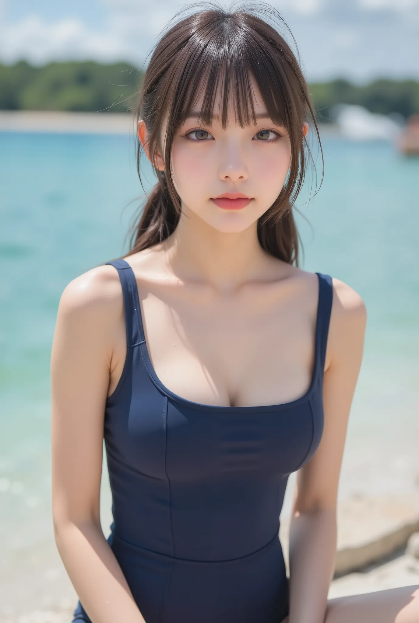 Cute Lolly,,hyperreal,high definition,Best Quality,8k,exquisite details,(),(Spaghetti Straps)watch viewers,written depth,full_body_shots,landscape, twins ,campgrounds,In summer,(navy blue school swimsuit), ((delicate、flat chested:1.5、very slender:1.2))、low...