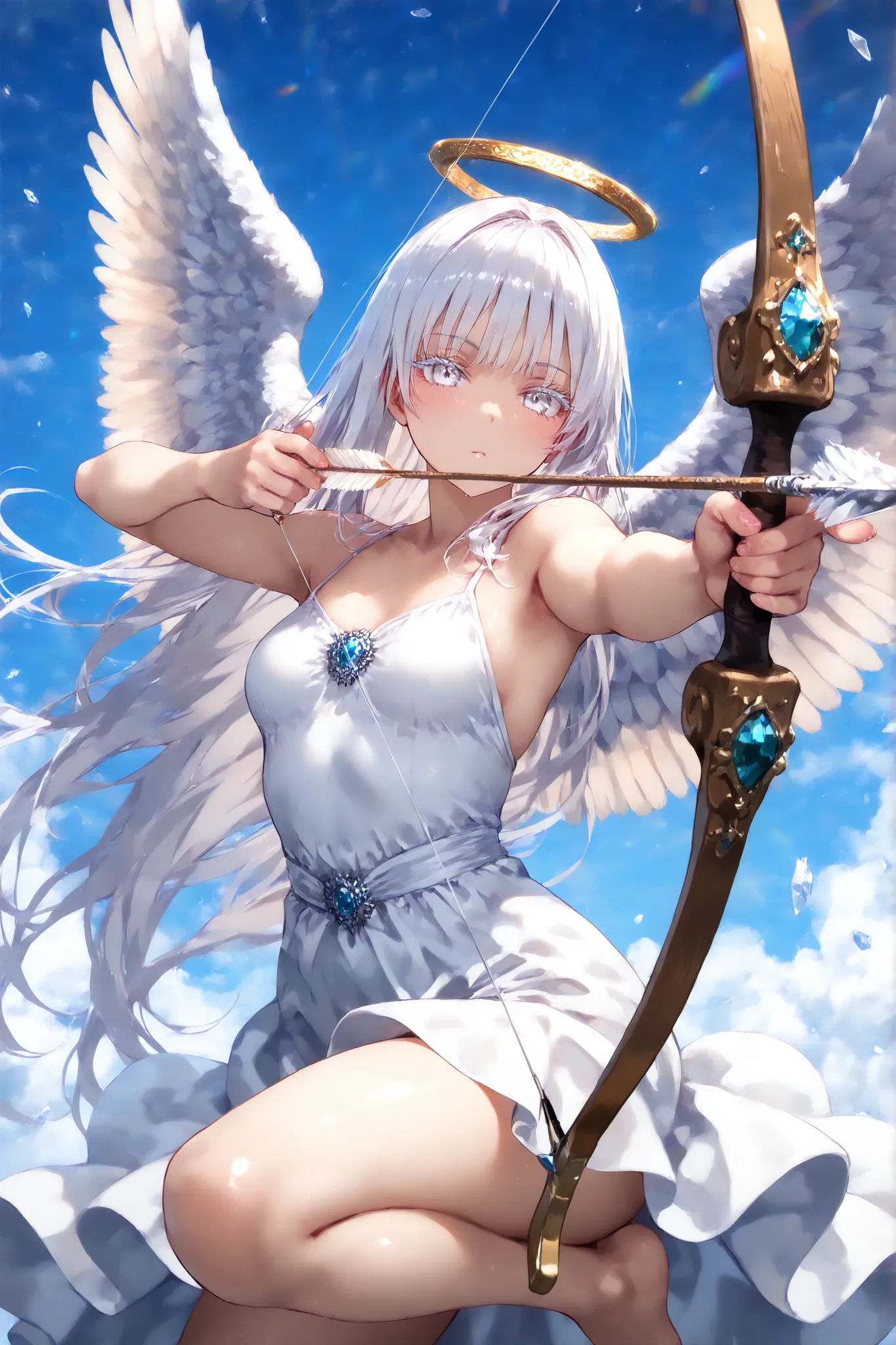 (((masterpiece))), (((best quality))), (((super detailed))), (((dynamic))), (in rhe air:1.3), rainbow flash, fantasy, (sky background:1.3), fantasy weapons, shiny arrows, bow, focus on bow, drawing bow (weapon),aiming at viwer,arrow (projectile),bow (weapo...