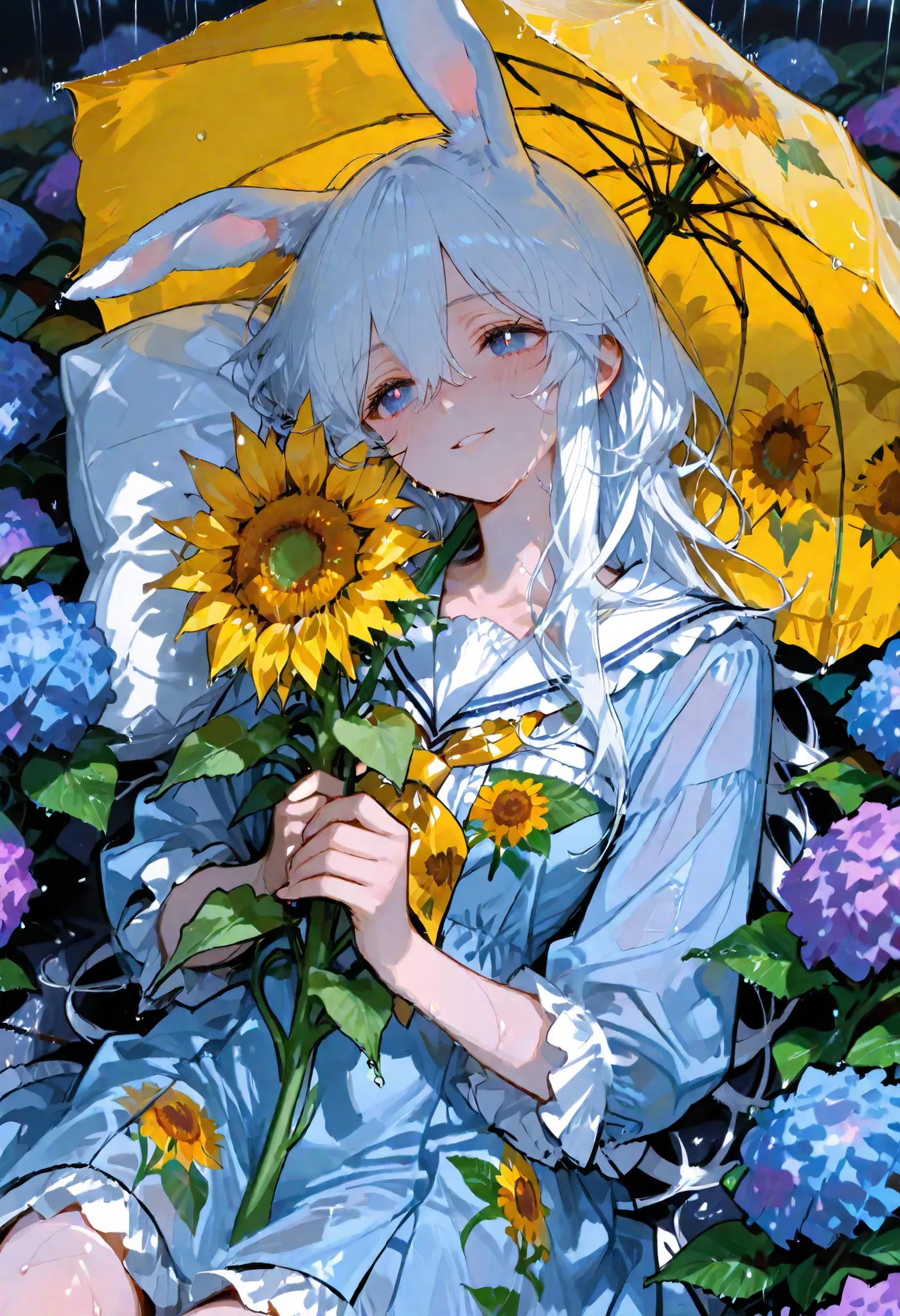 (In 8K, Best Quality, Master Piece:1.2),Ultra High Resolution,1 girl,solo,ultra-detailed face,detailed eyes,blue eyes,bright pupils,raise a smile,blush,sweating,straight hair,white hair,white rabbit ears,long hair,hair between eyes,(holding sunflower print...