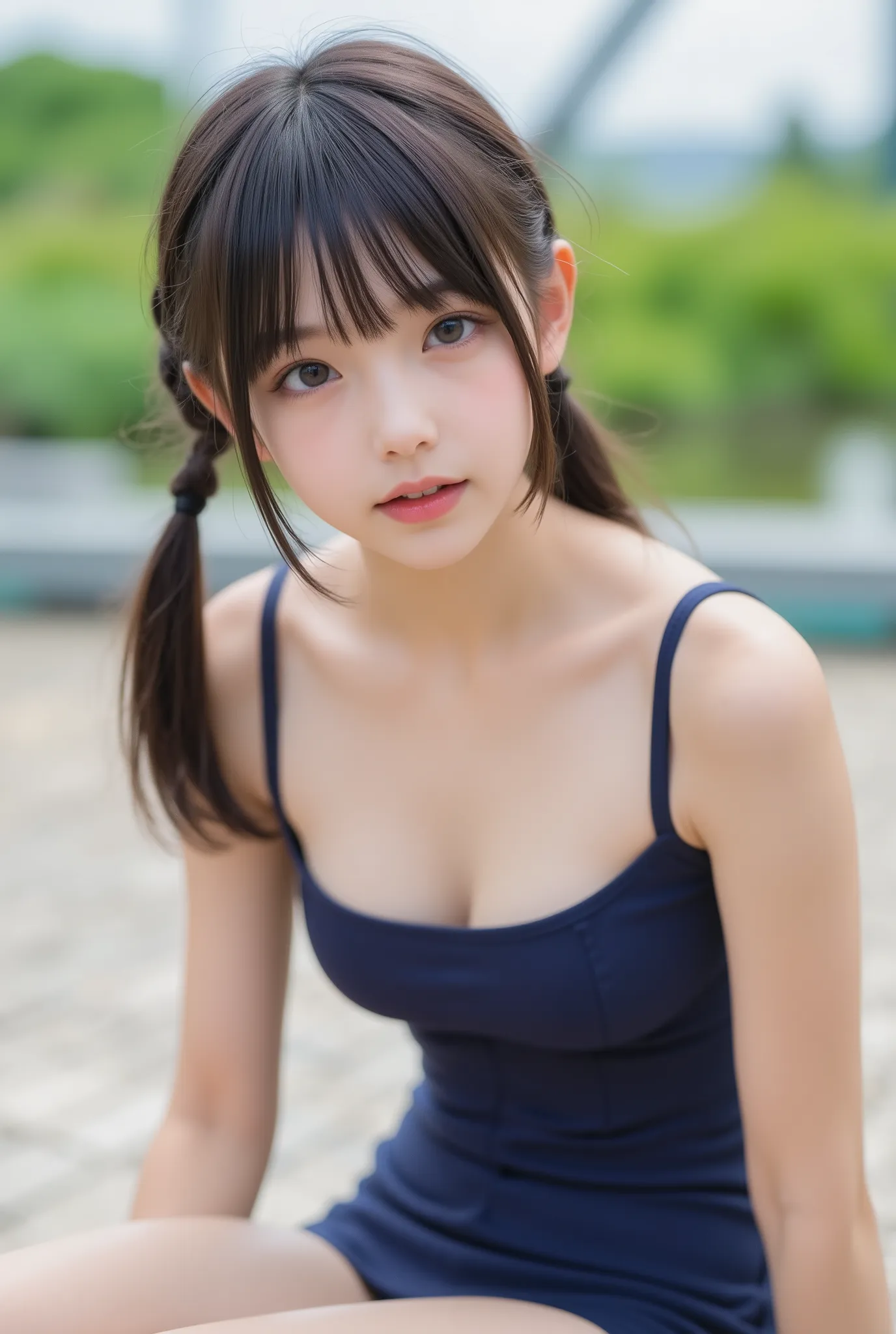 Cute Lolly,,hyperreal,high definition,Best Quality,8k,exquisite details,(),(Spaghetti Straps)watch viewers,written depth,full_body_shots,landscape, twins ,campgrounds,In summer,(navy blue school swimsuit), ((delicate、flat chested:1.5、very slender:1.2))、low...