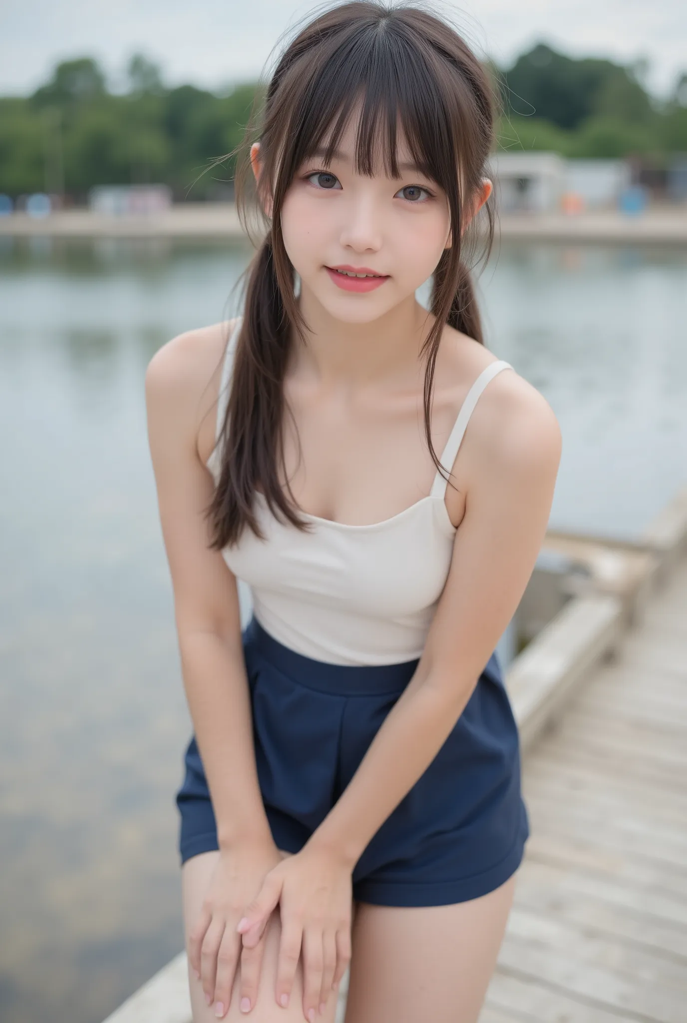 Cute Lolly,,hyperreal,high definition,best quality,8k,exquisite details,(),(Spaghetti Straps)watch viewers,written depth,full_body_shots,landscape, twins ,campgrounds,In summer,(navy blue school swimsuit), ((delicate、flat chested、bulging small 、very slende...