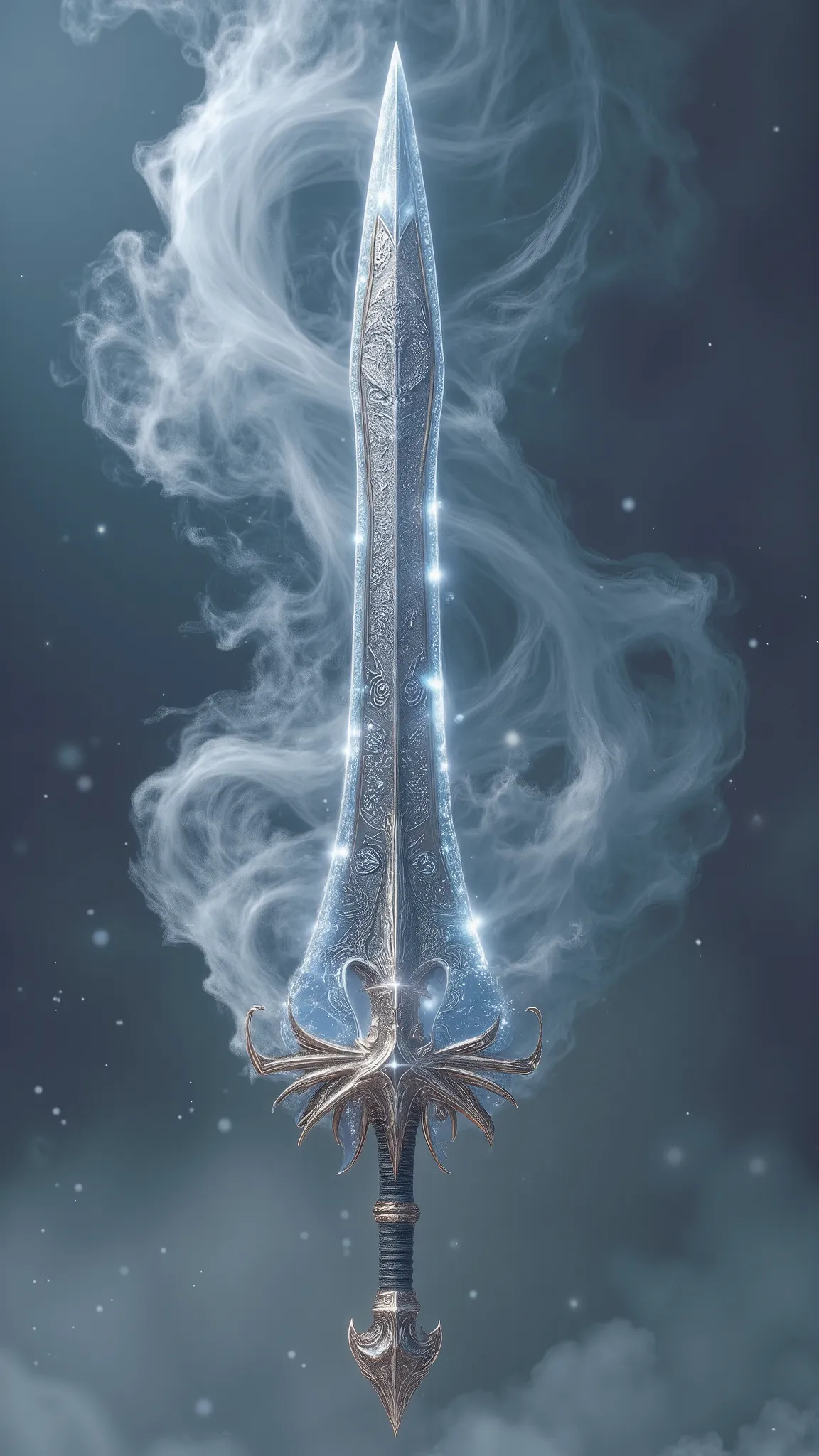 A legendary ice sword with a dragon-themed hilt, forged from ancient frozen steel, covered in intricate silver runes. The blade emits mist and frost, with magical smoke swirling around it. Detailed fantasy weapon design, cinematic lighting, floating in mid...
