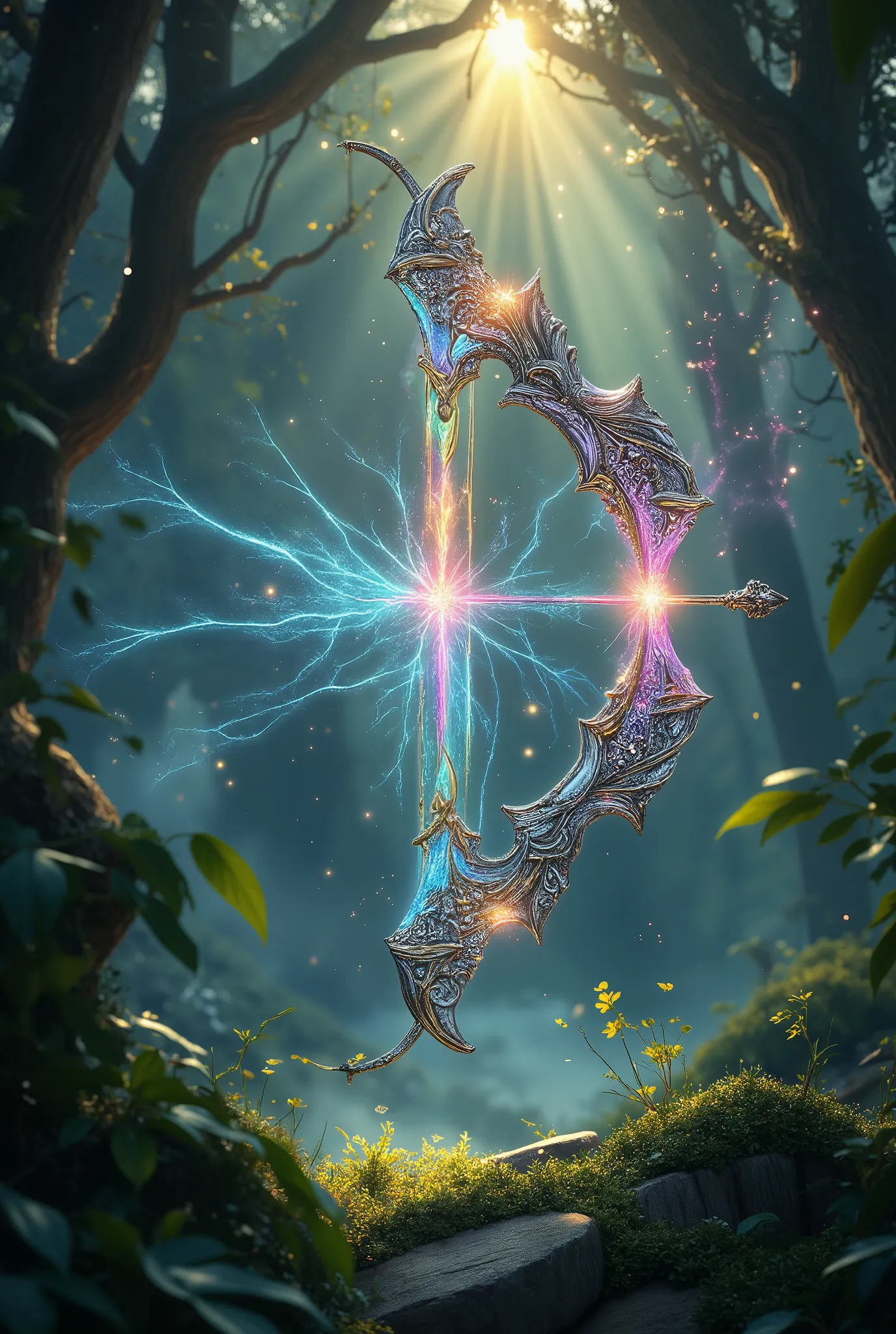A magical elven bow floating in a glowing forest, with a shimmering rainbow energy string. The bow is made of ornate silver and gold filigree with glowing runes. The forest is enchanted, sunbeams cutting through the mist. Sparkling particles, ethereal atmo...