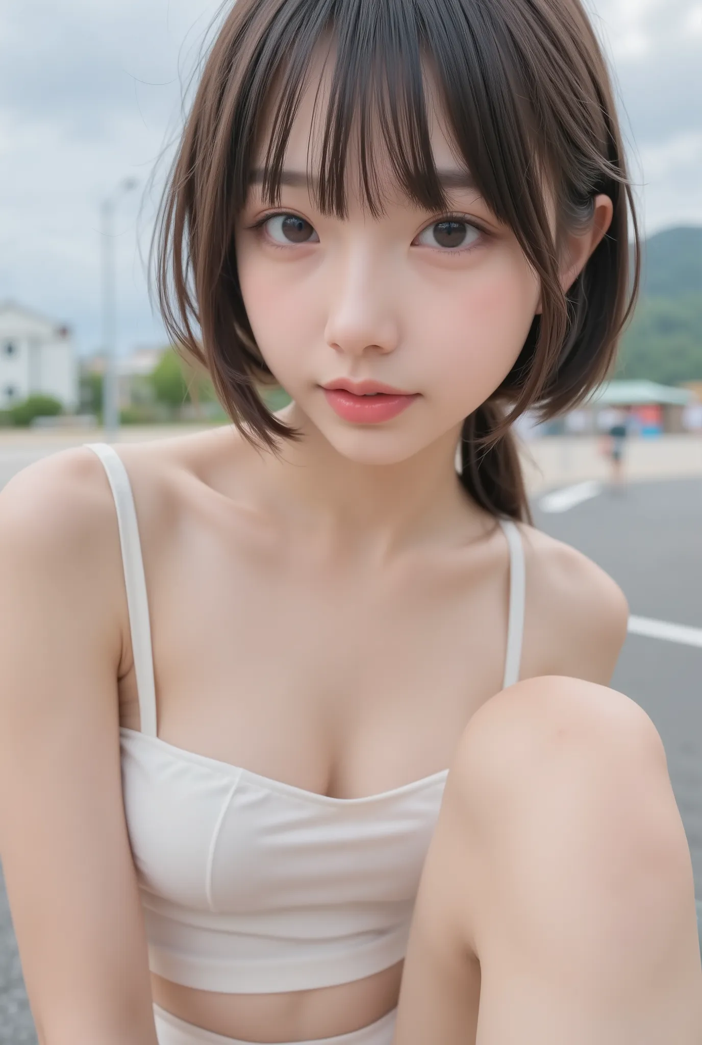Cute Lolly,,hyperreal,high definition,best quality,8k,exquisite details,(),(Spaghetti Straps)watch viewers,written depth,full_body_shots,landscape, twins ,campgrounds,In summer,(white tube top swimsuit), ((delicate、flat chested、very slender))、low ponytail、...