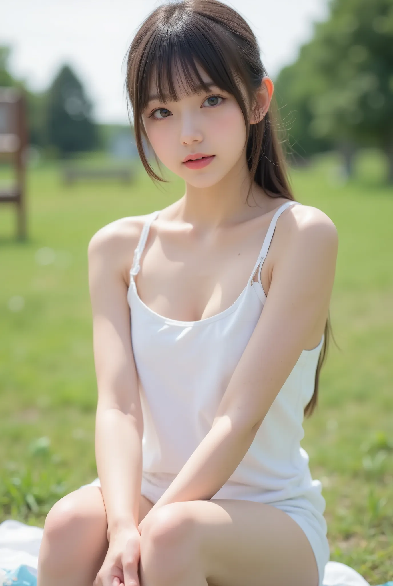 Cute Lolly,,hyperreal,high definition,Best Quality,8k,exquisite details,(),(Spaghetti Straps)watch viewers,written depth,full_body_shots,landscape, twins ,campgrounds,In summer,(white oversized open chest camisole、white panties), ((delicate、flat chested、ve...