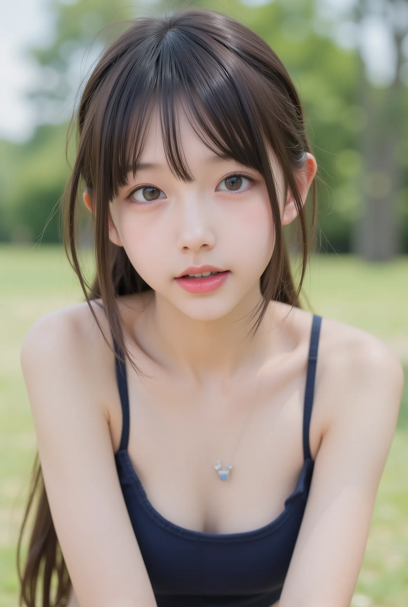 Cute Lolly,,hyperreal,high definition,best quality,8k,exquisite details,(),(Spaghetti Straps)watch viewers,written depth,full_body_shots,landscape, twins ,campgrounds,In summer,(navy blue school swimsuit), ((delicate、flat chested、very slender))、low ponytai...