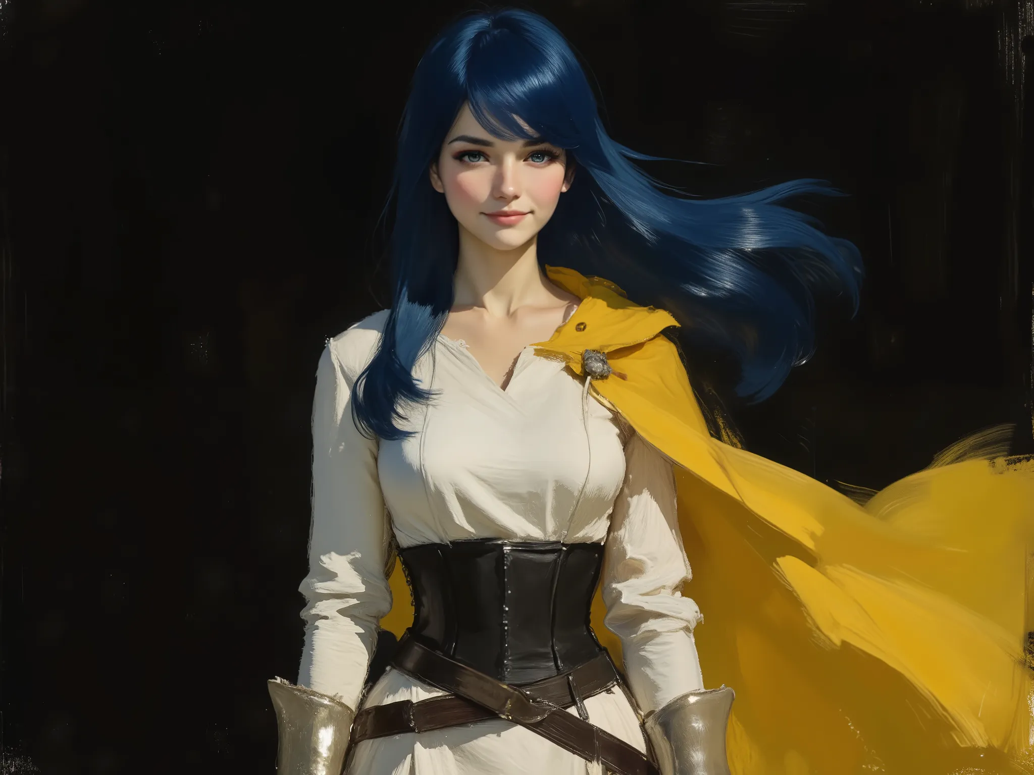 Close-up, (((RAW, professional photograph))), A very beautiful 22 year old a lady paladin warrior, (((long hair))), (((Dark Blue hair))), (((shiny hair))), (((beautifully detailed eyes))), (((Light Sky Blue eyes:1.5))), (((bright eyes))), (((beautiful and ...