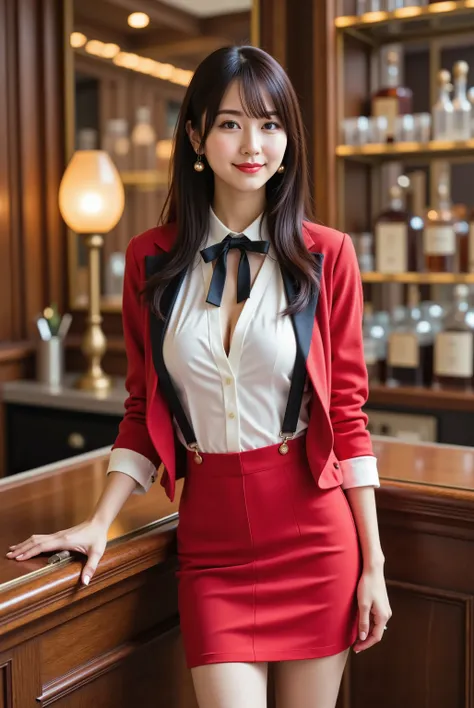 slender woman with firm, fully packed large breasts creating wide, deep, and boldly emphasized cleavage, wearing a tailored red double-breasted cropped jacket with black satin lapels over a crisp white button-down shirt secured by black suspenders and acce...