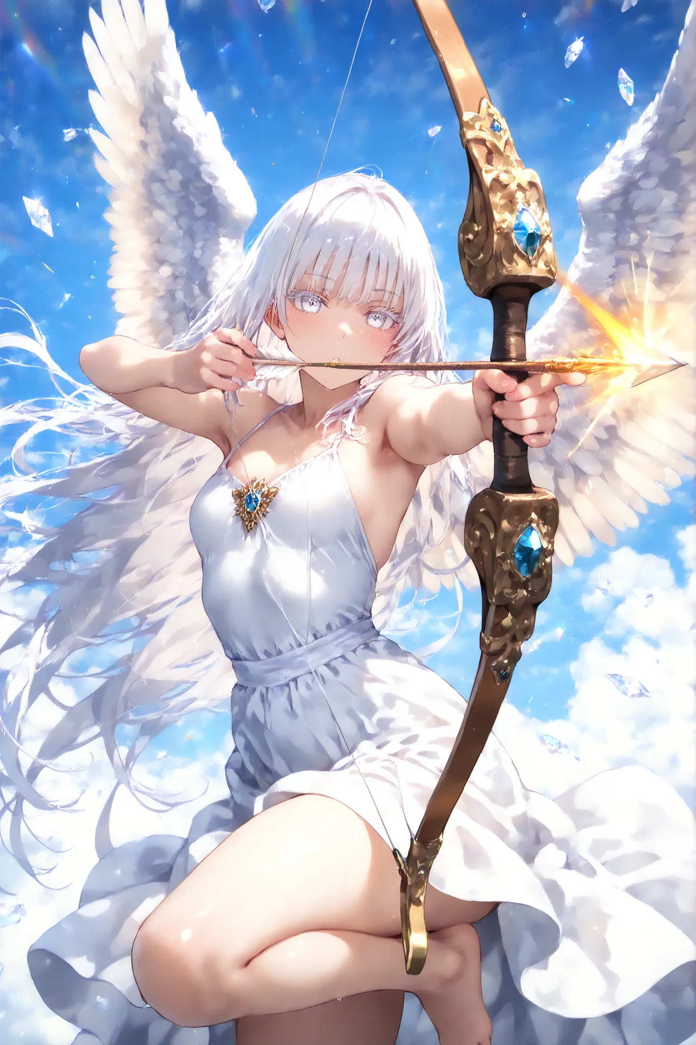 (((masterpiece))), (((best quality))), (((super detailed))), (((dynamic))), (in rhe air:1.3), rainbow flash, fantasy, (sky background:1.3), fantasy weapons, shiny arrows, bow, focus on bow, drawing bow (weapon),aiming at viwer,arrow (projectile),bow (weapo...