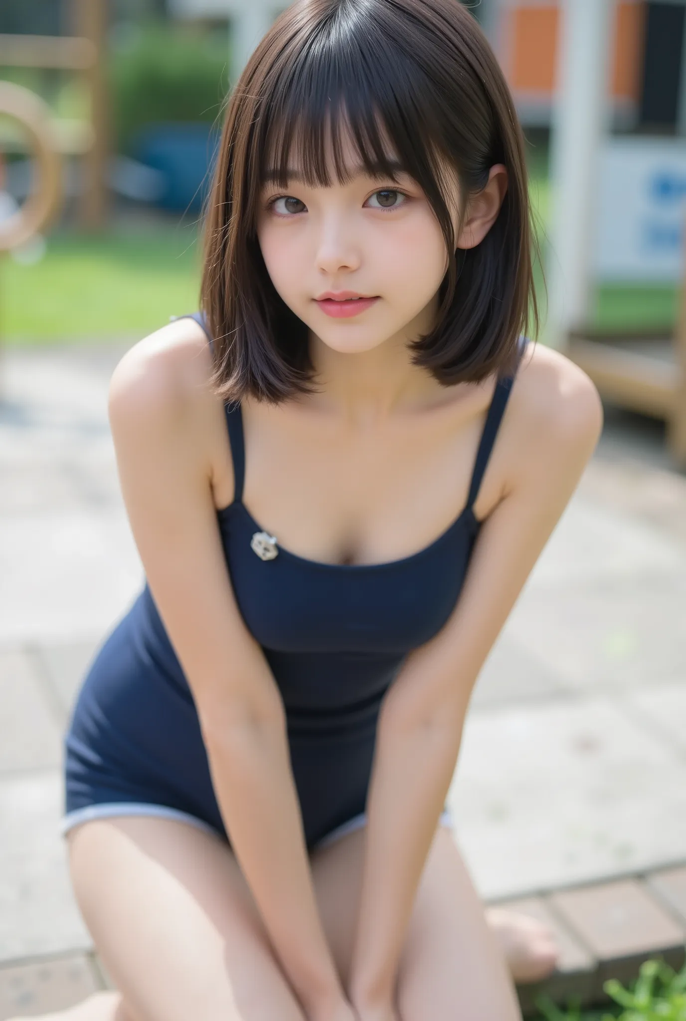 Cute Lolly,,hyperreal,high definition,Best Quality,8k,exquisite details,(),(Spaghetti Straps)watch viewers,written depth,full_body_shots,landscape, twins ,campgrounds,In summer,(navy blue school swimsuit), ((delicate、flat chested、very slender))、short bob h...