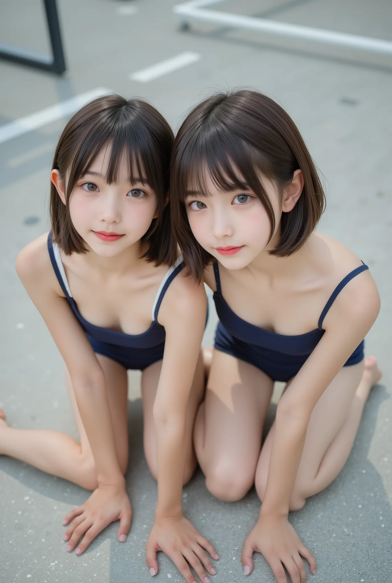 Cute Lolly,,hyperreal,high definition,best quality,8k,exquisite details,(),(Spaghetti Straps)watch viewers,written depth,full_body_shots,landscape, twins ,campgrounds,In summer,(navy blue school swimsuit), ((delicate、flat chested、very slender))、short bob h...