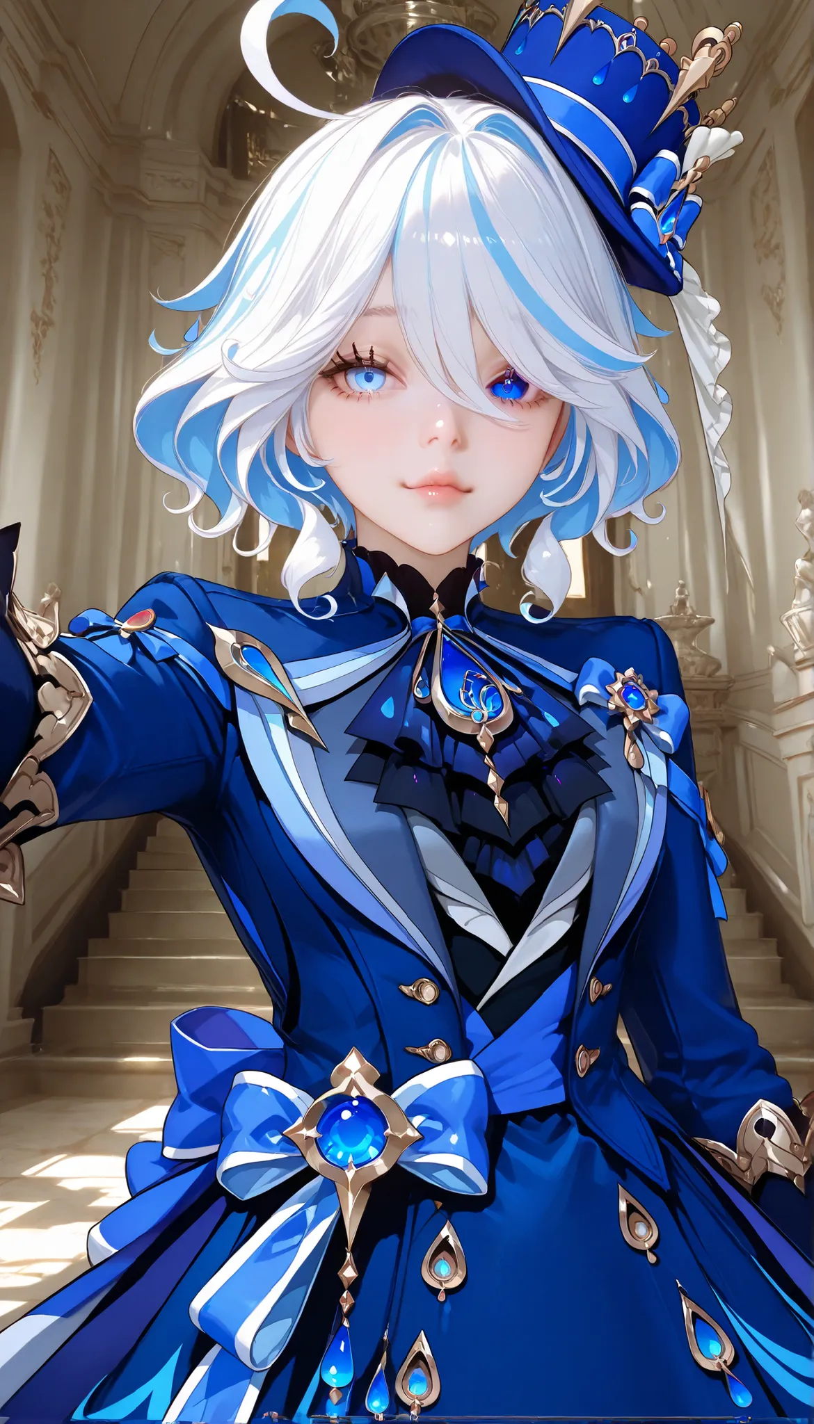 ultra detailed realistic busty furina half body, short messy white hair.
heterochromia Blue eyes.
Pinkish lips.
Blue royale dress,
background. At morning,  in front of fontaine fountain, ray tracing, perfect sexy face, sexy pose , selfie
