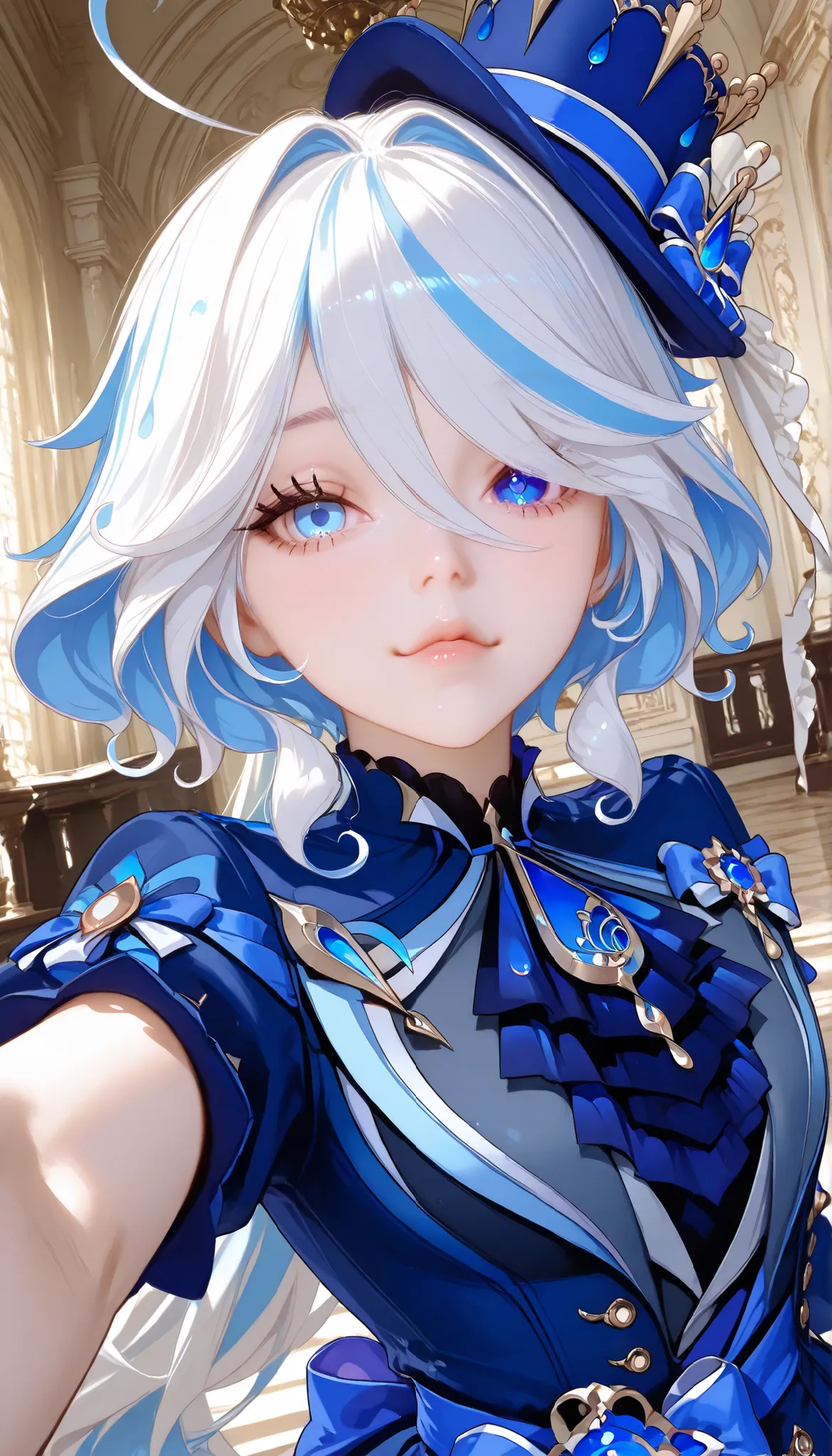 ultra detailed realistic busty furina half body, short messy white hair.
heterochromia Blue eyes.
Pinkish lips.
Blue royale dress,
background. At morning,  in front of fontaine fountain, ray tracing, perfect sexy face, sexy pose , selfie