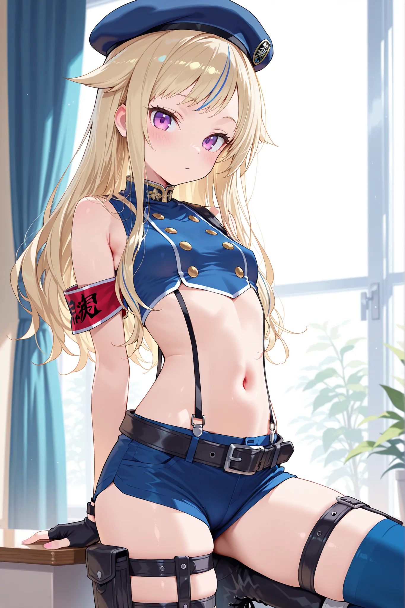 solo,masterpiece,best quality, amazing quality, highres, absurdres, very aesthetic, high resolution, ultra detailed, perfect details,suzuki hina, blonde hair, long hair, streaked hair, hair flaps, purple eyes, skinny, small breasts, hat, beret, blue thighh...