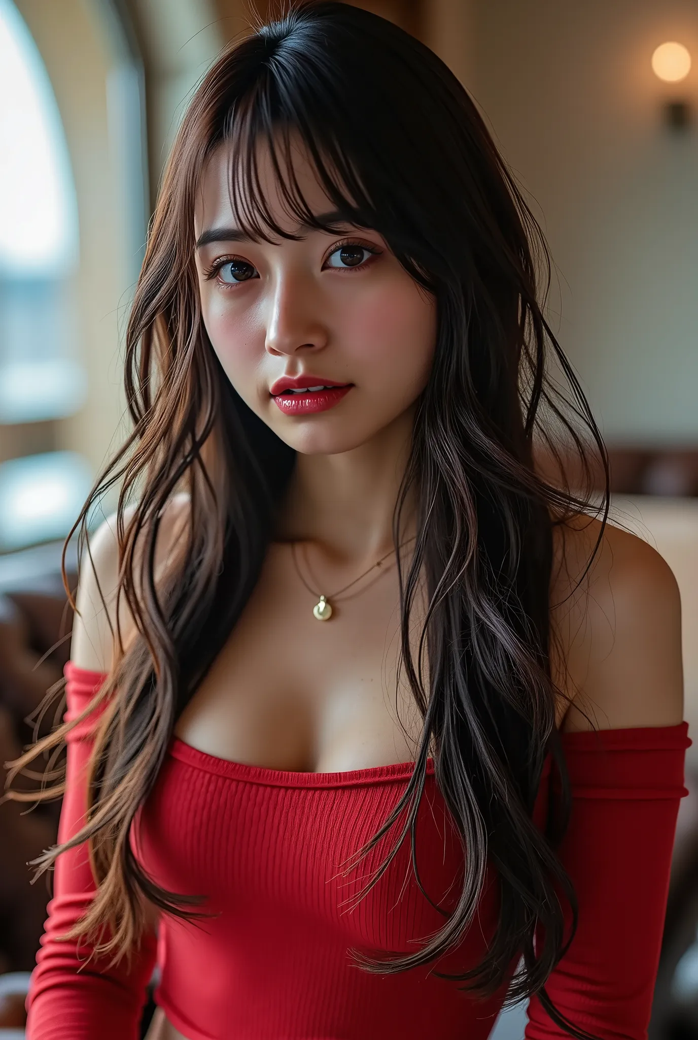 ((anatomically accurate human body structure)), ((photorealistic:1.5)), (NSFW), Highest Quality, masterpiece, Ultra High Definition, realistic, absurd, ((Very sexy pose)), ((Whitish off-white long, tight knit dress)), (1 person), ((very sexy and seductive ...