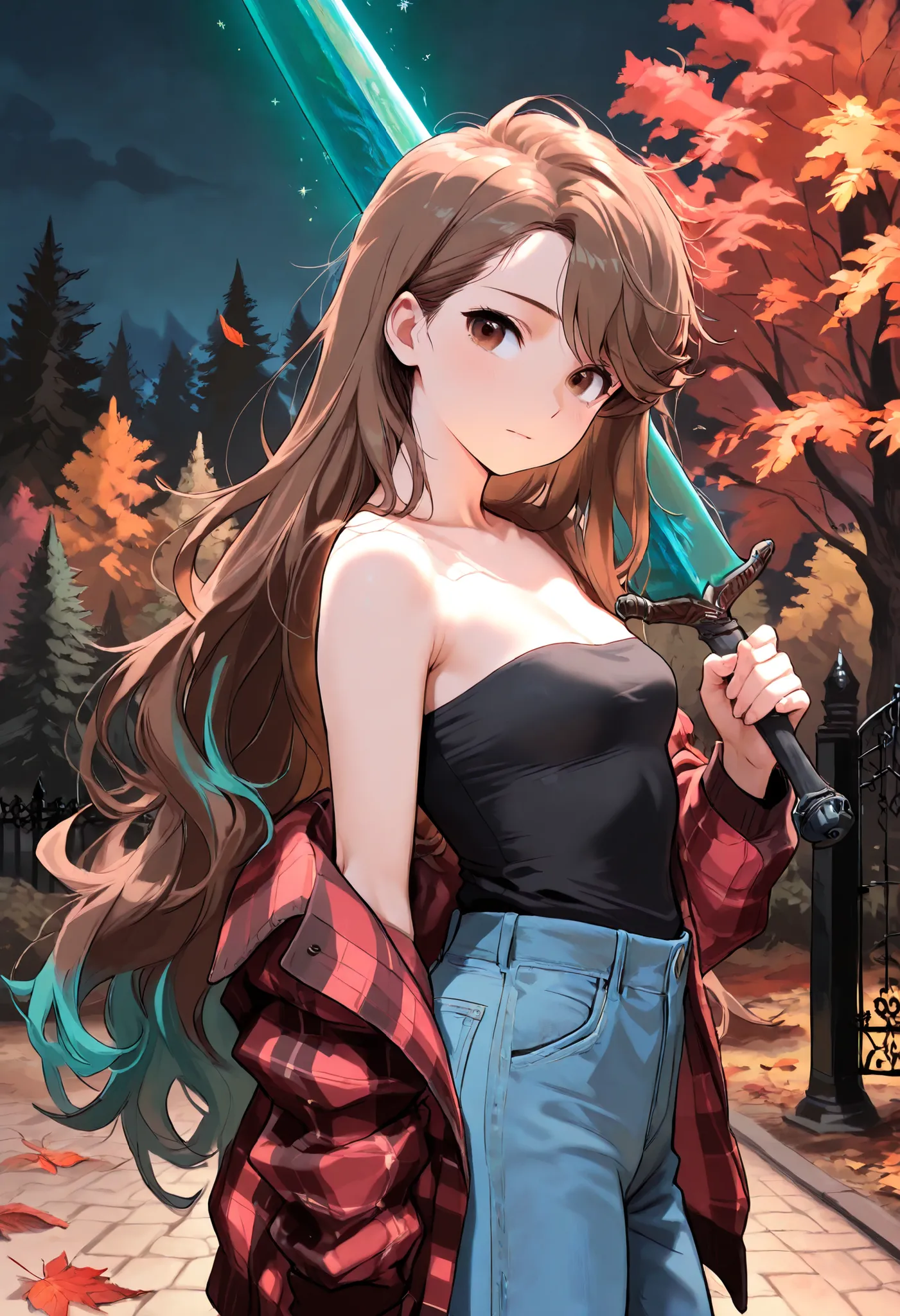 (masterpiece:1.2, Best Quality), (finely detailed beautiful eye: 1.2), (beautiful detailed face), close up, standing, head tilt, stoic, looking to the side, moonlight sword, night, iron gate covered in ivy, battoujutsu, open flannel jacket, strapless black...