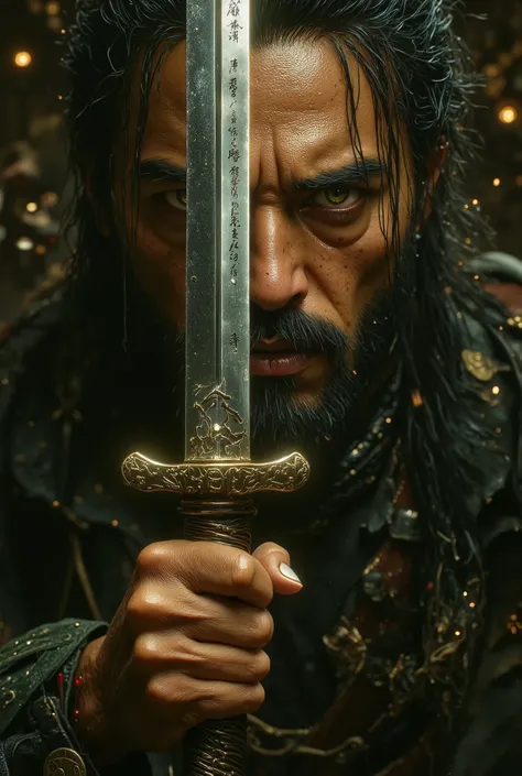 ((( A Samurai Warrior wields his sword in front of you holding it by strong fist , Emphasis on sword details in its metal working and forged by Japanese blacksmiths ,details on the texture in each detailed trace of the metal, do punho , the sword is held i...