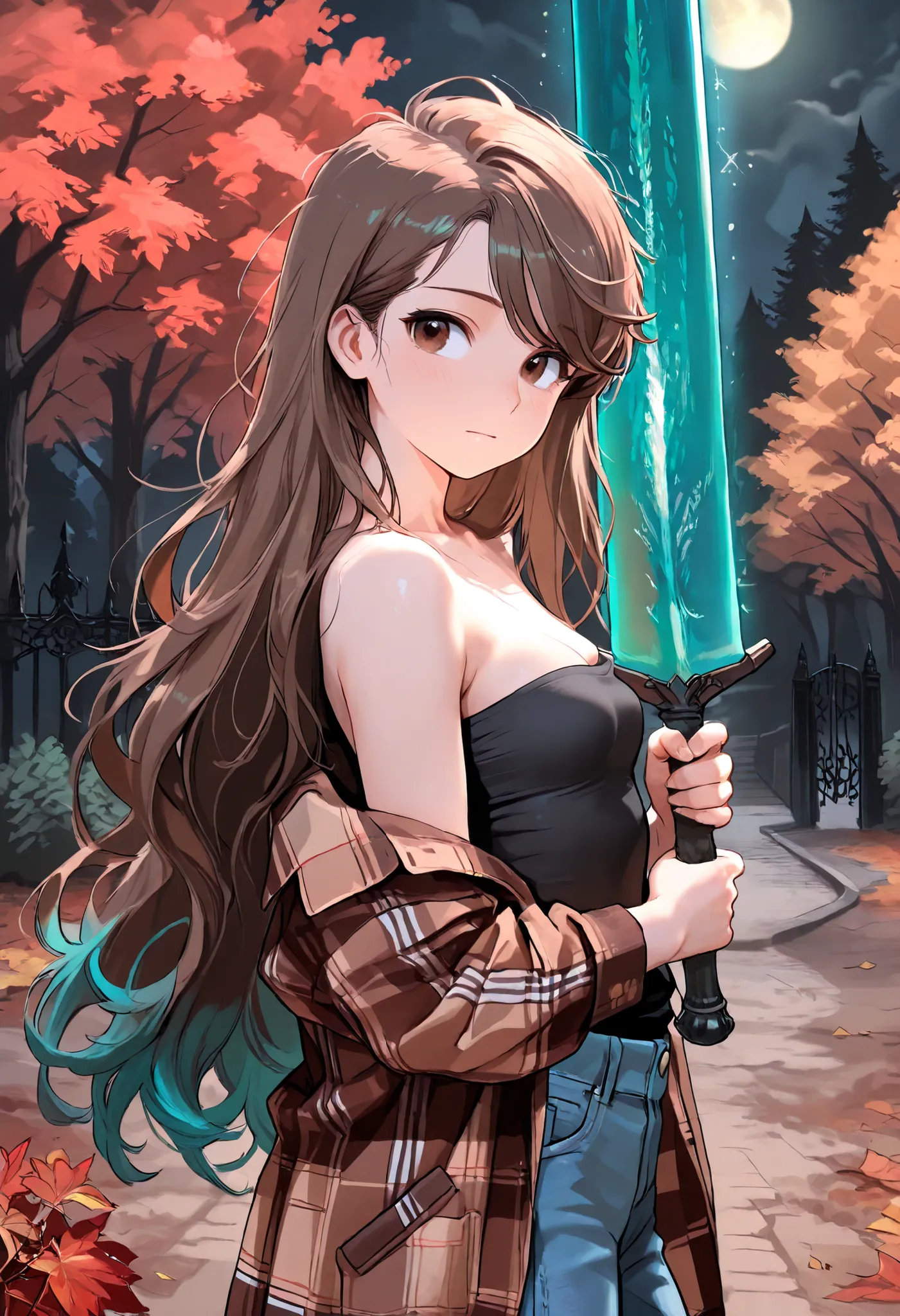 (masterpiece:1.2, Best Quality), (finely detailed beautiful eye: 1.2), (beautiful detailed face), close up, standing, head tilt, stoic, looking to the side, moonlight sword, night, iron gate covered in ivy, battoujutsu, open flannel jacket, strapless black...