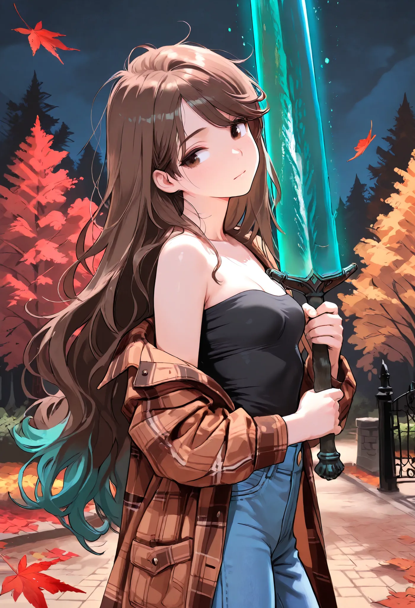 (masterpiece:1.2, Best Quality), (finely detailed beautiful eye: 1.2), (beautiful detailed face), close up, standing, head tilt, stoic, looking to the side, moonlight sword, night, iron gate covered in ivy, battoujutsu, open flannel jacket, strapless black...