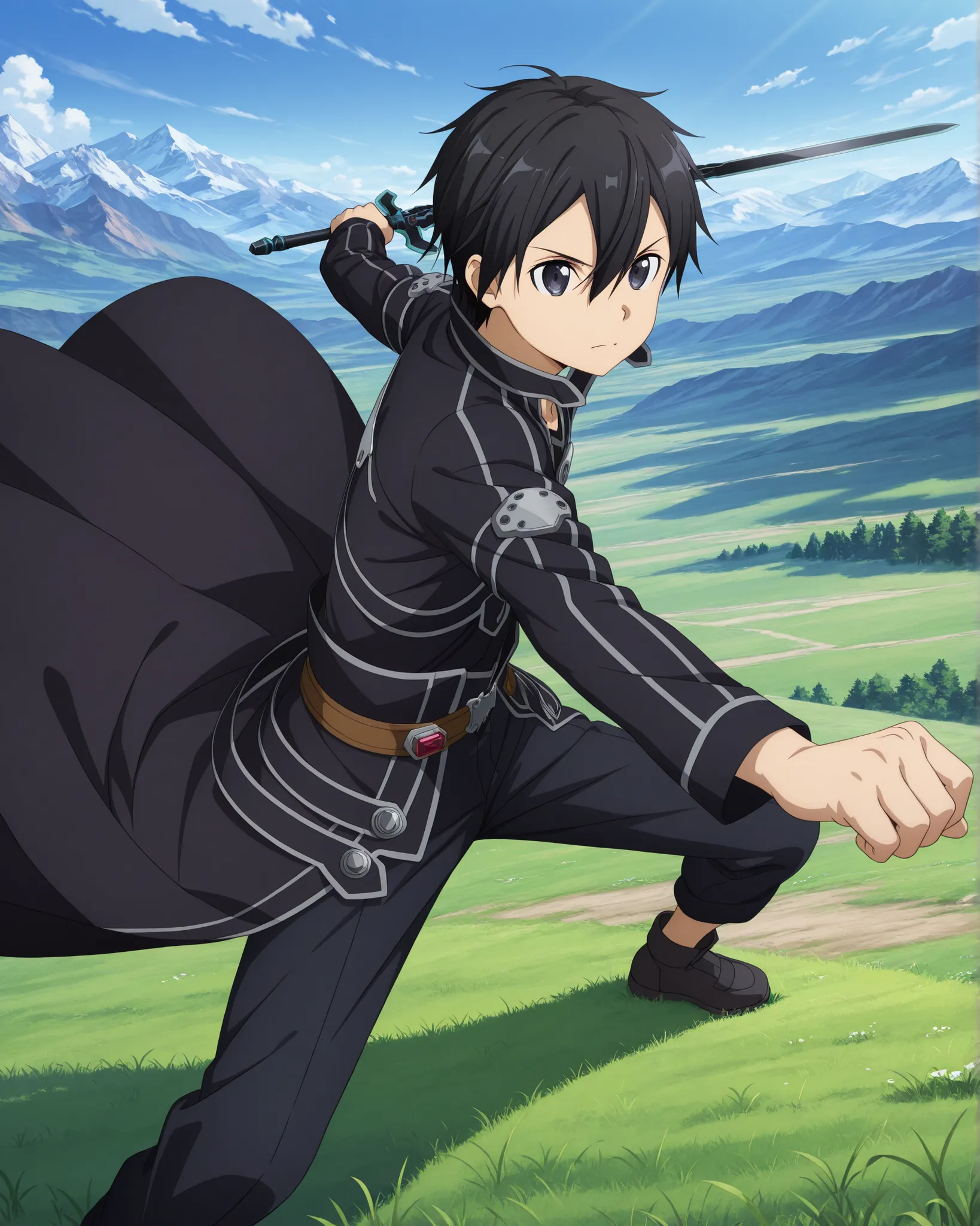 masterpiece, best quality, Ultra High Resolution, absurd, anime style, 1boy, kirito, black hair, black eyes, short hair, hair between eyes, solo, Black Cloak , Battle pose, with his right hand holding a black sword, with his left hand holding a sword with ...