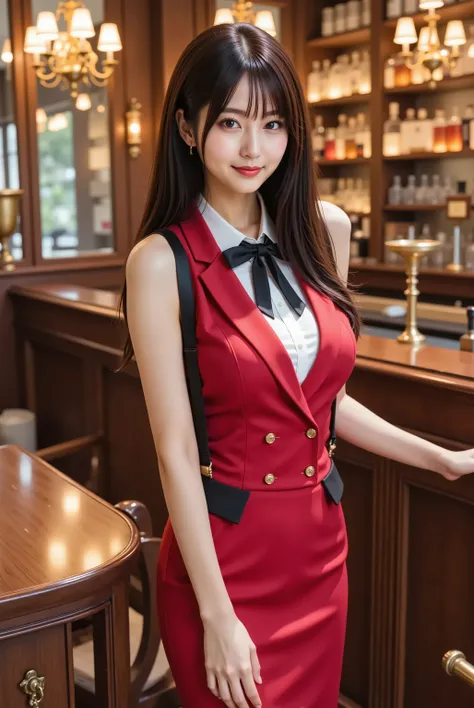 slender woman with firm, fully packed large breasts creating wide, deep, and boldly emphasized cleavage, wearing a tailored red double-breasted cropped jacket with black satin lapels over a crisp white button-down shirt secured by black suspenders and acce...