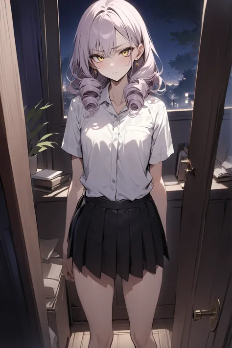 ((masterpiece,Highest Quality:1.2)),(soro),night,Slender, slender high school girl standing in her room, light purple long curly hair ,Perfect yellow eyes, tree eyes ,serious expressionless,white school short sleeve blouse,(Black Pleated Skirt),Gold Earrin...