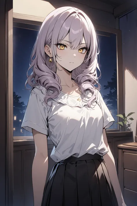 ((masterpiece,Highest Quality:1.2)),(soro),night,Slender, slender high school girl standing in her room, light purple long curly hair ,Perfect yellow eyes, tree eyes ,serious expressionless,white school short sleeve blouse,(Black Pleated Skirt),Gold Earrin...