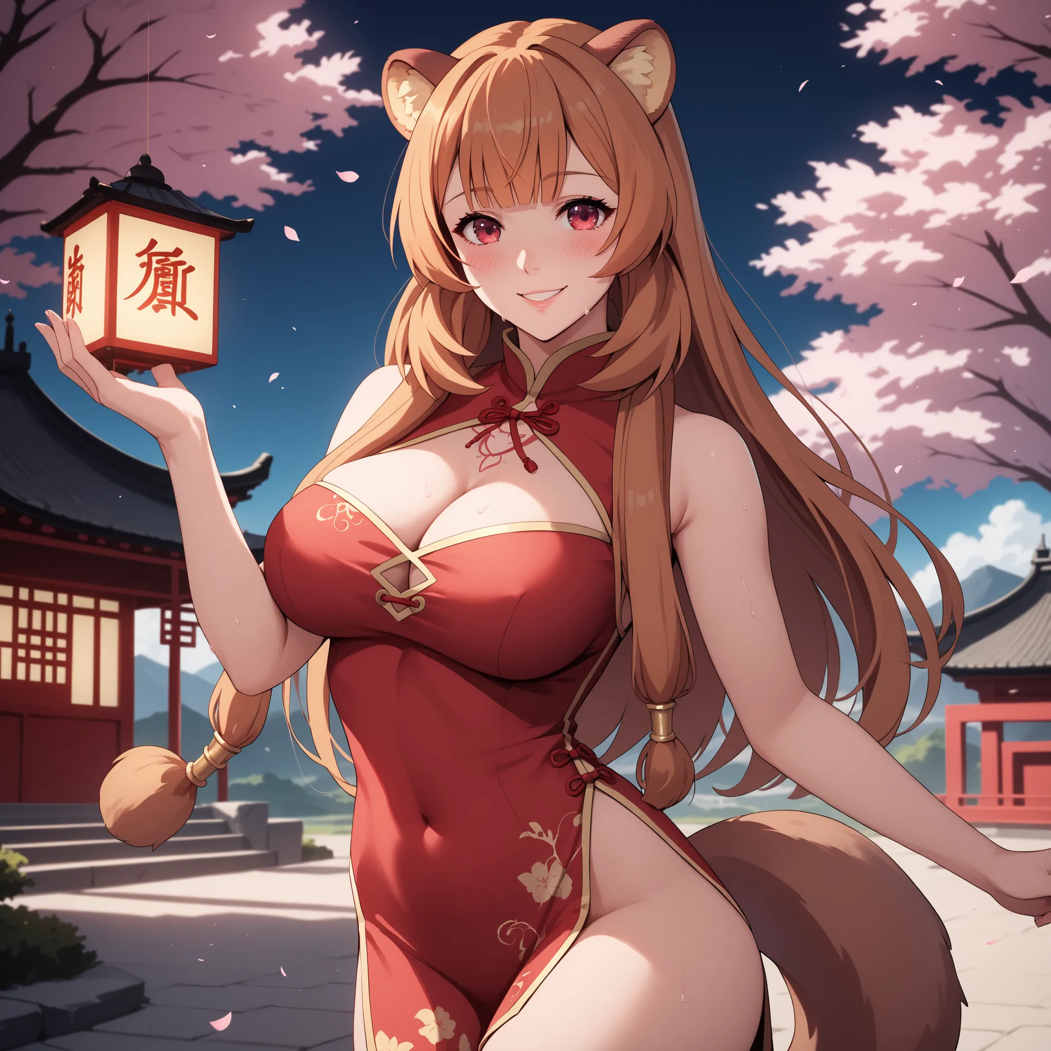 raphtalia .  25 years,  orange hair , detailed red eyes, rounded animal ears,  charming smile , blush, curvaceous and slender figure , large, well-proportioned breasts, an animal's tail wiggles behind her, Chinese dress , cleavage in years  , Background a ...