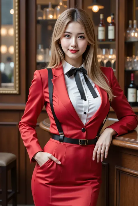 smile, hair styled in aplatinum blonde, gold hair,slender woman with firm, fully packed large breasts creating wide, deep, and boldly emphasized cleavage, wearing a tailored red double-breasted cropped jacket with black satin lapels over a crisp white butt...