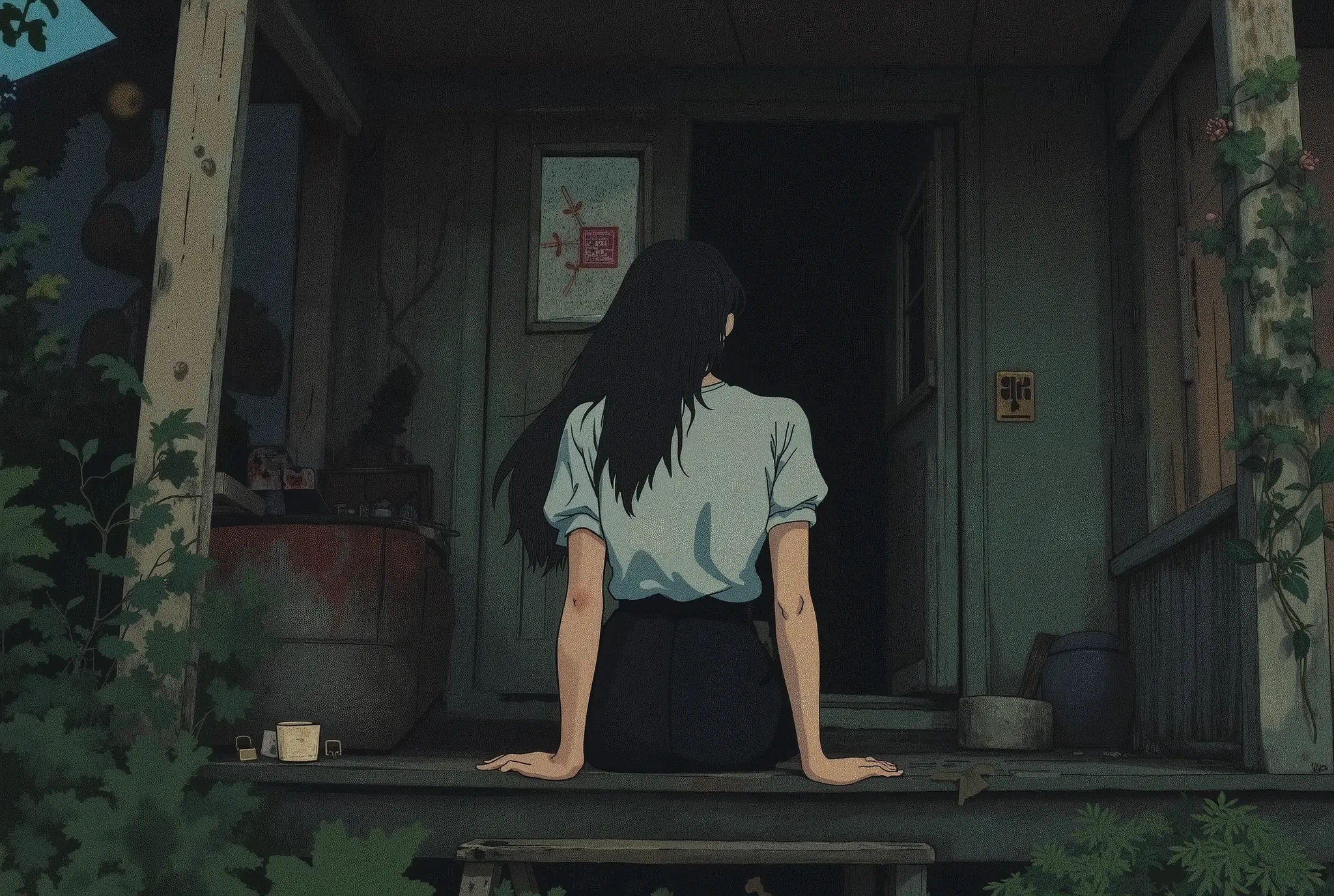 anime style, eerie and unsettling atmosphere, minimalist background, a young woman sitting on the porch of an old wooden house at night, her back to the viewer, long dark hair flowing in the wind, wearing a white shirt and black skirt, pale lighting with d...