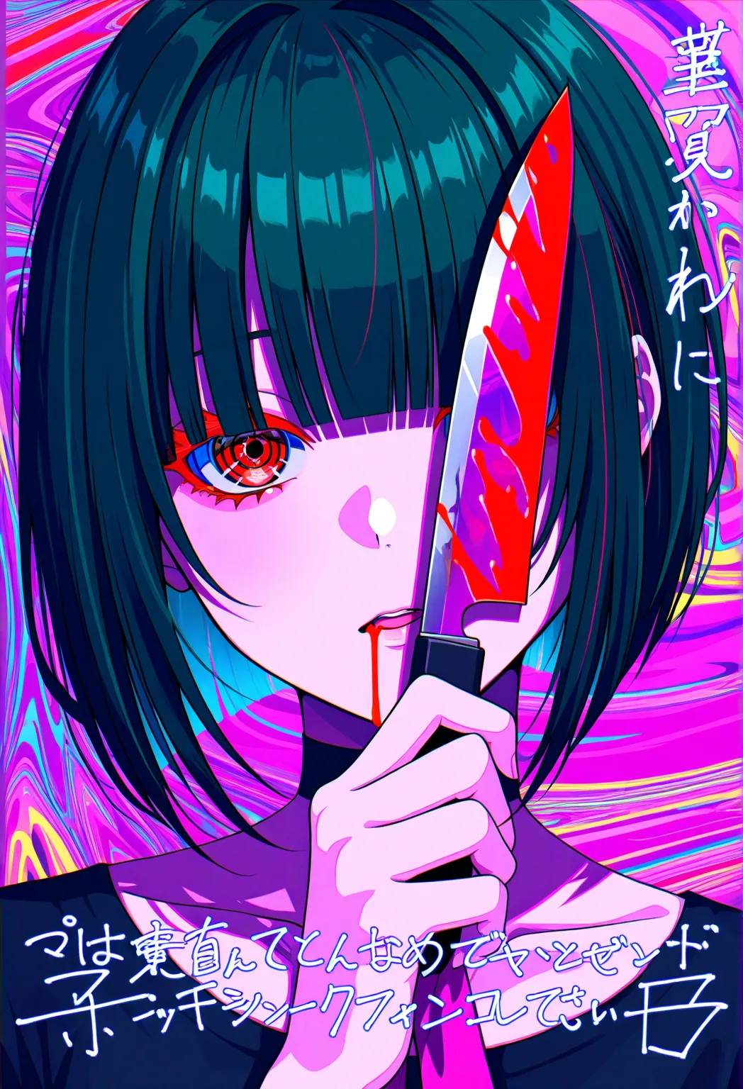 1girl, solo, upper body. solo, short hair, red eyes, looking at viewer, knife, holding knife, blood on knife, blood, japanese text, web spider, hair over one eyes, blunt bangs, black hair, dark green hair,vaporwave /(style/), close-up,minimalist two tone color, drooling, colored eyelashes, abstract, very aesthetic, simultaneously very abstract