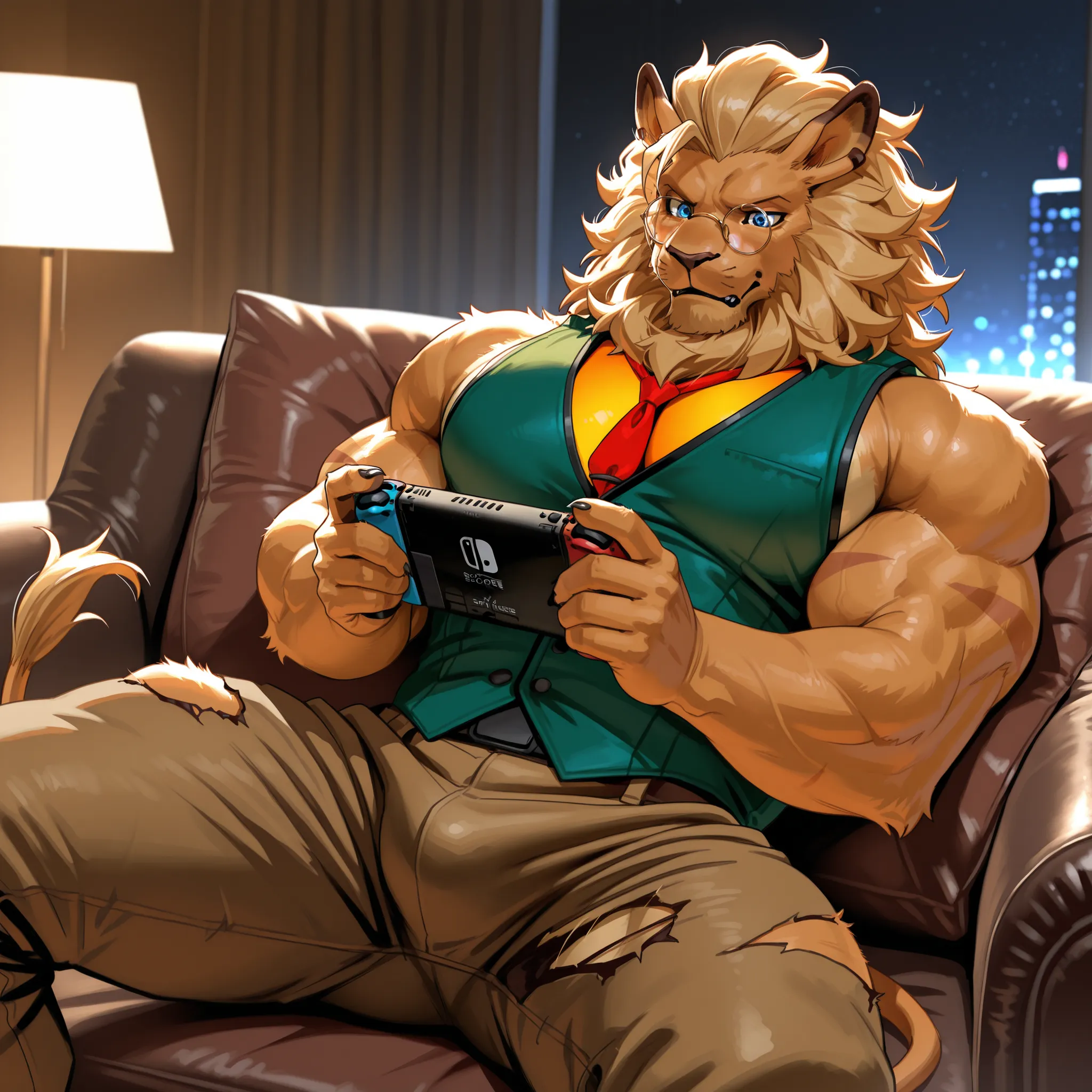 Cornelius turned into leomon!  score_9, score_8_up, score_7_up, score_6_up, score_5_up, score_4_up, male anthro Male, furry, Lion anthro, solo, Medium muscular lion, brown, light brown lion, feline, lion ears, wearing tiny gold round glasses, sexy, hands, ...