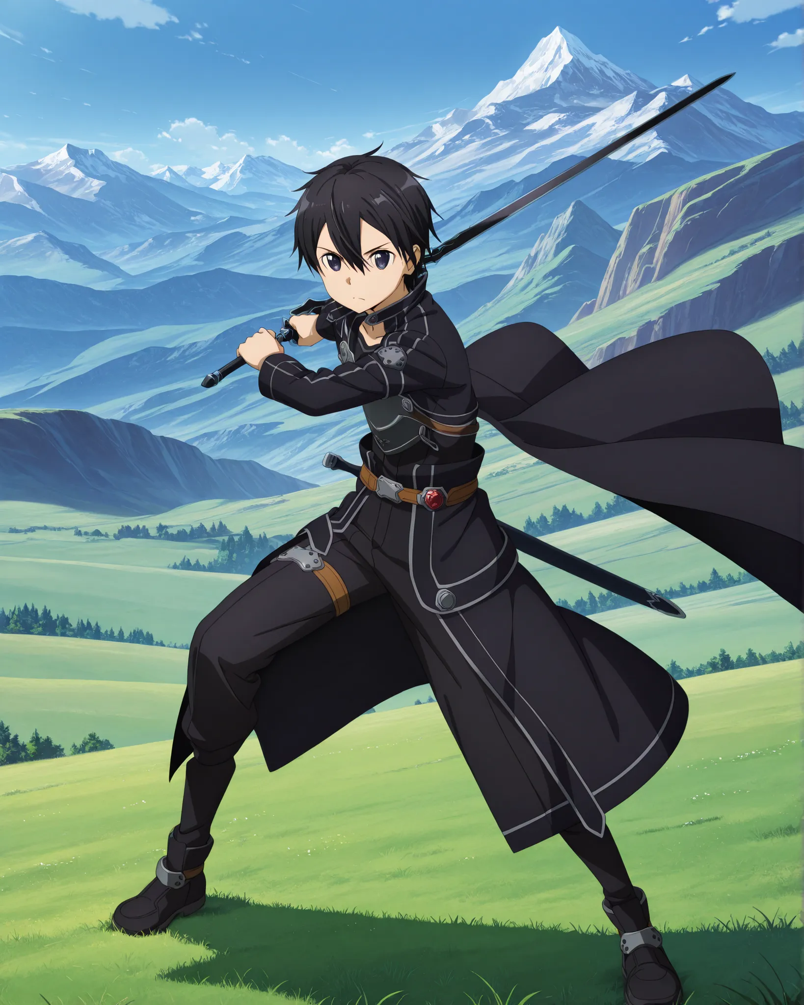 masterpiece, best quality, Ultra High Resolution, absurd, anime style, 1boy, kirito, black hair, black eyes, short hair, hair between eyes, solo, Black Cloak , Battle pose, with his right hand holding a black sword, with his left hand holding a sword with ...