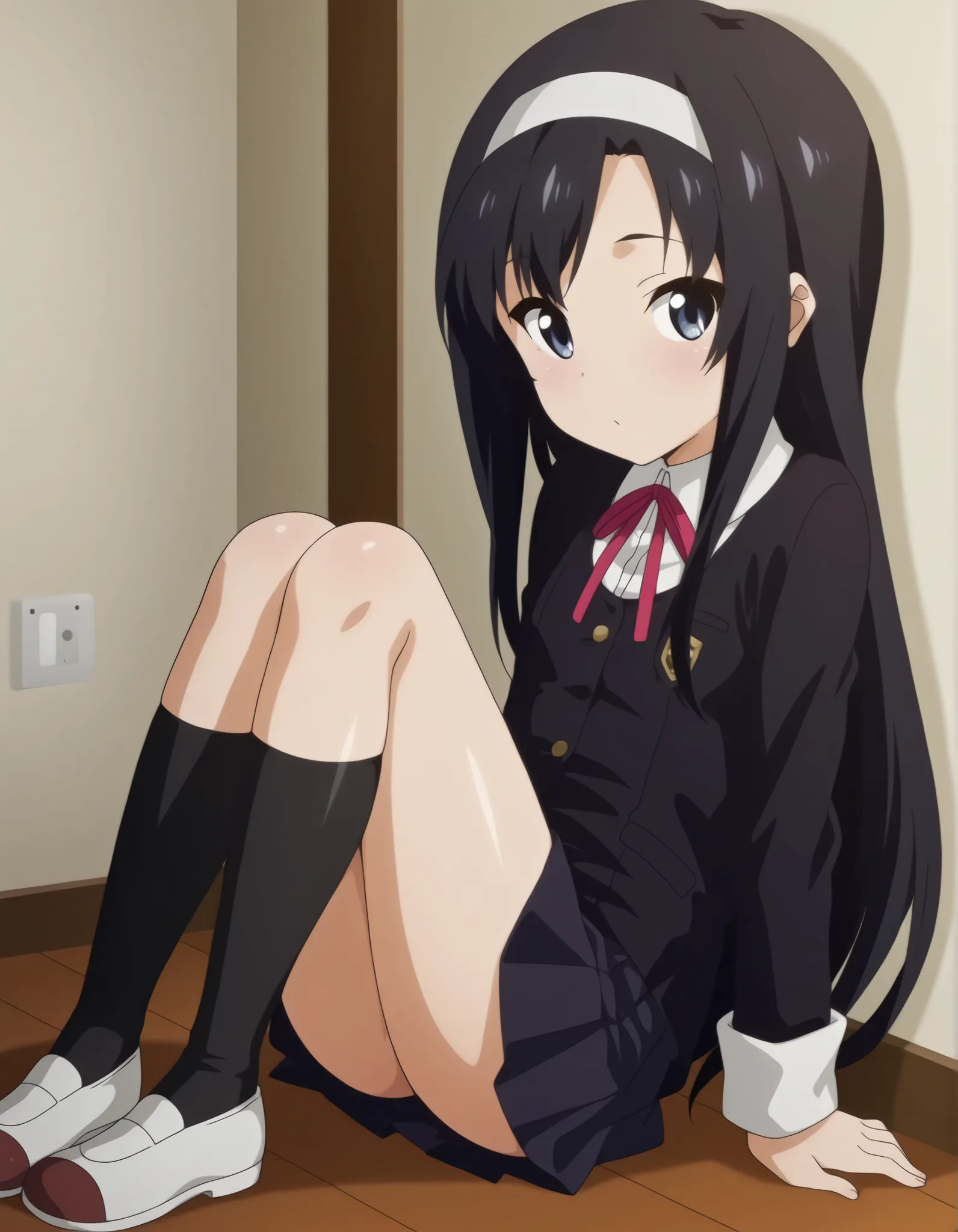 saeinagaki, long hair, blue eyes, school uniform, black socks, neck ribbon, red ribbon, white hairband, white footwear, skirt,