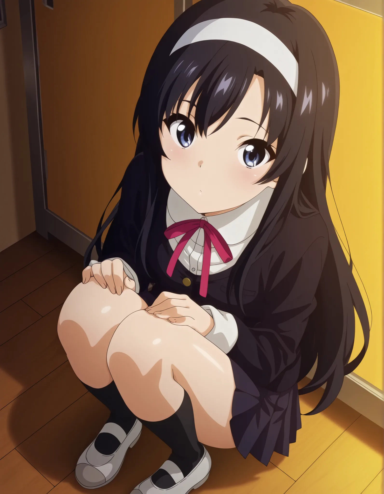 "Master piece, highres, best quality, official art, highres, masterpiece, newest", solo, 1girl, saeinagaki, long hair, blue eyes, school uniform, black socks, neck ribbon, red ribbon, white hairband, white footwear, skirt,