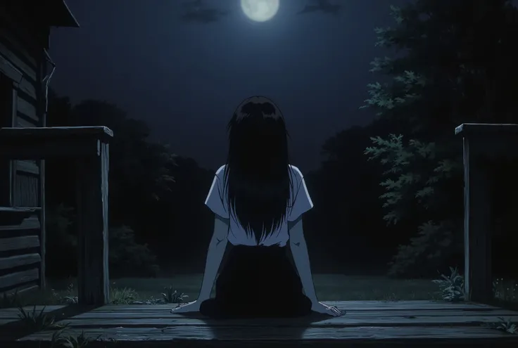 anime style, eerie and unsettling atmosphere, minimalist background, a young woman sitting on the porch of an old wooden house at night, her back to the viewer, long dark hair flowing in the wind, wearing a white shirt and black skirt, pale lighting with d...
